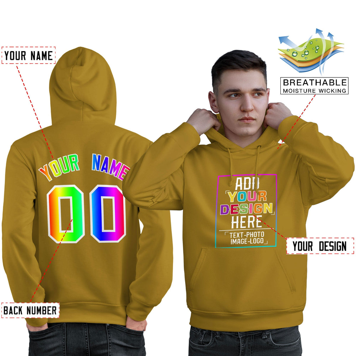 Custom Old Gold Personalized Rainbow Color Font Team Pullover Sweatshirt Hoodie| KXKSHOP