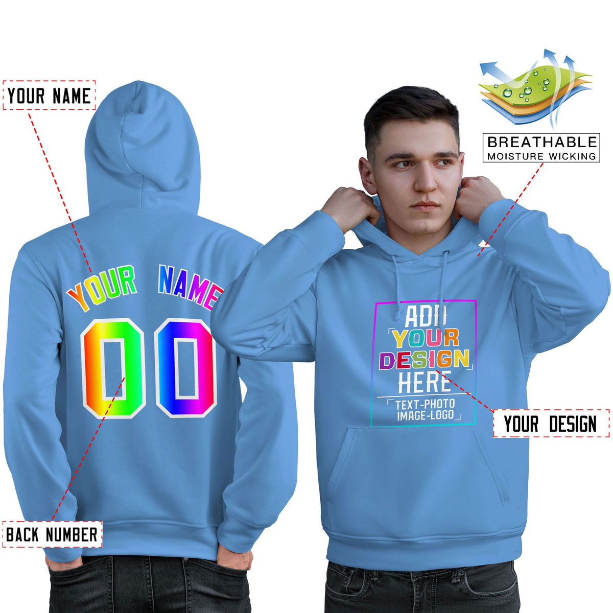 Custom Powder Blue Personalized Rainbow Color Font Team Pullover Sweatshirt Hoodie| KXKSHOP
