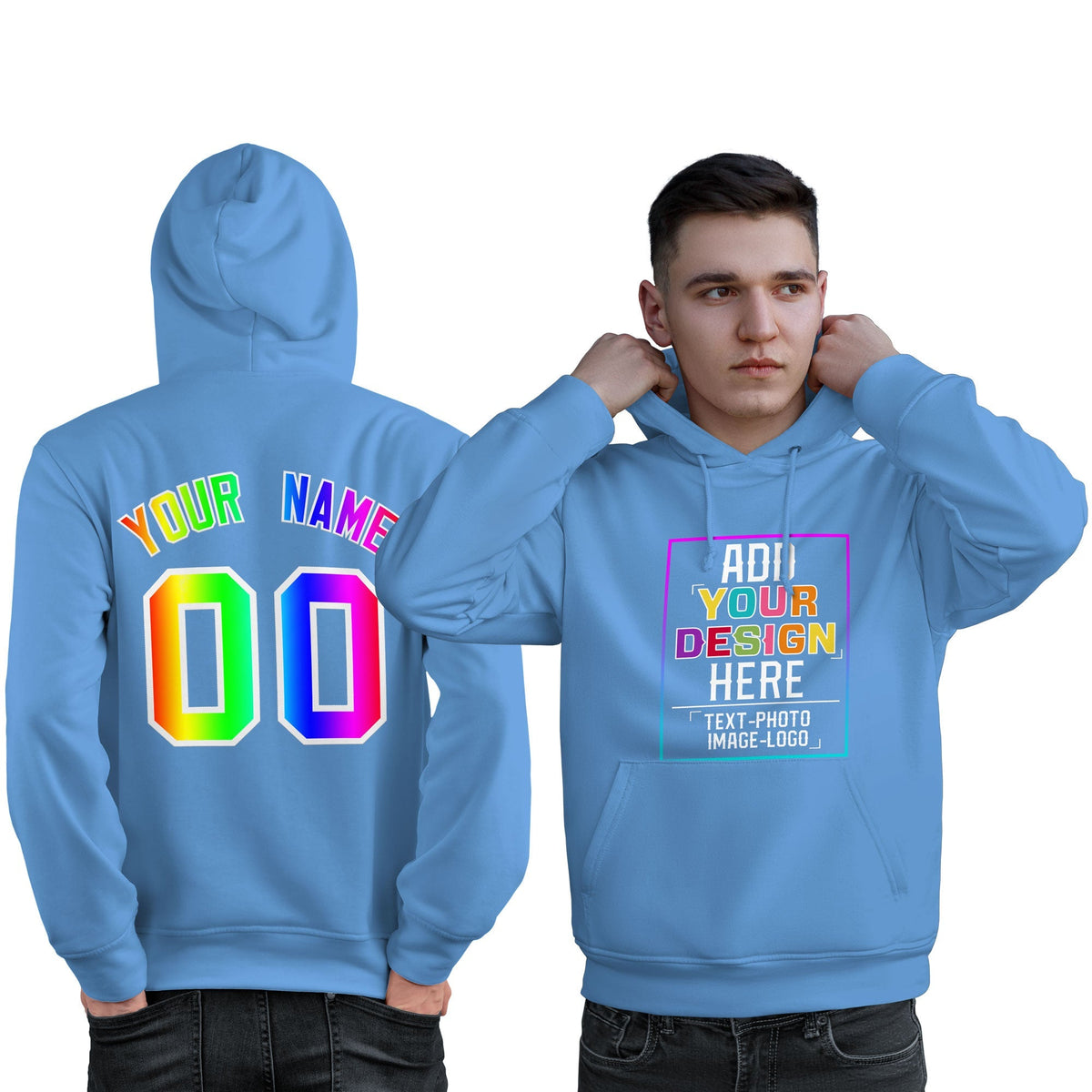 Custom Powder Blue Personalized Rainbow Color Font Team Pullover Sweatshirt Hoodie| KXKSHOP