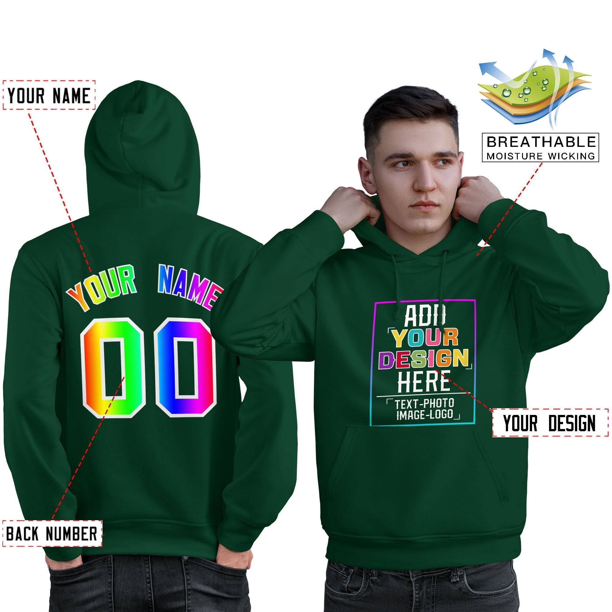 Custom Green Personalized Rainbow Color Font Team Pullover Sweatshirt Hoodie| KXKSHOP