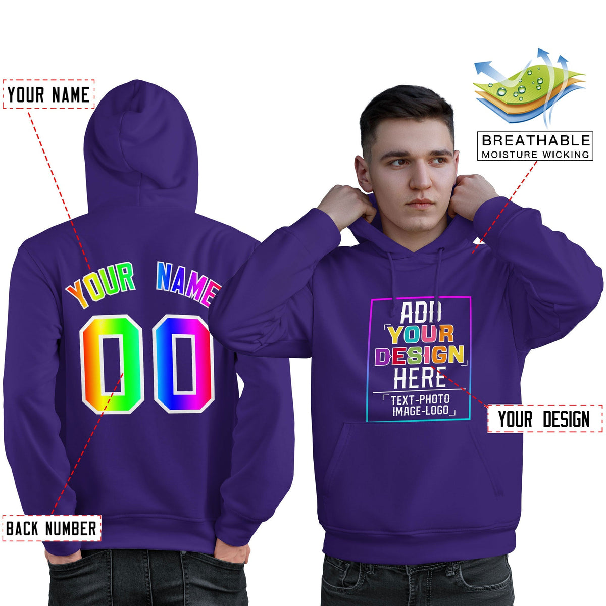 Custom Purple Personalized Rainbow Color Font Team Pullover Sweatshirt Hoodie| KXKSHOP