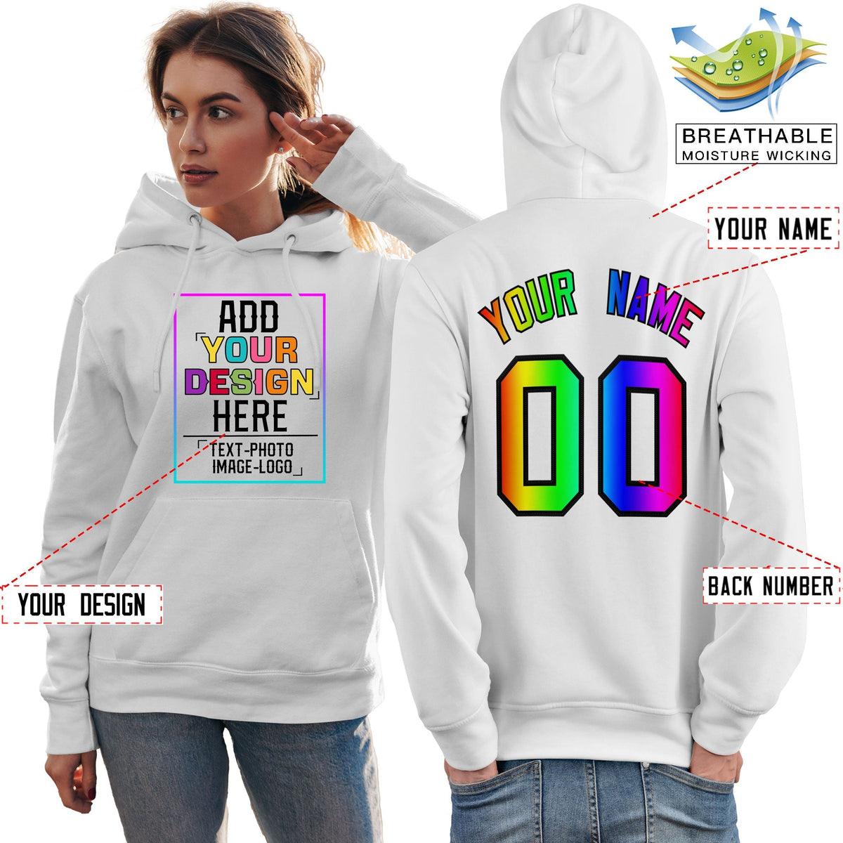 Custom White Personalized Rainbow Color Font Team Pullover Sweatshirt Hoodie| KXKSHOP