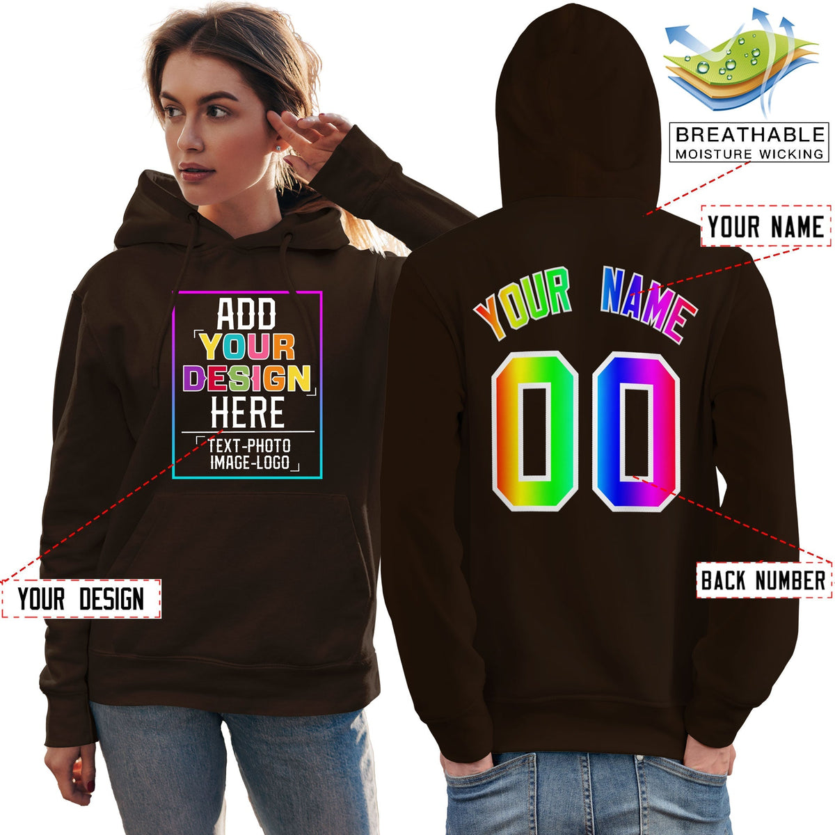 Custom Brown Personalized Rainbow Color Font Team Pullover Sweatshirt Hoodie| KXKSHOP