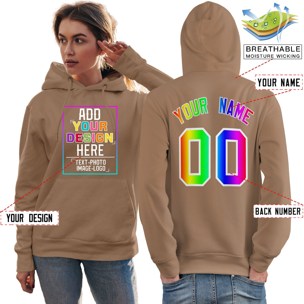 Custom Brown Personalized Rainbow Color Font Team Pullover Sweatshirt Hoodie| KXKSHOP