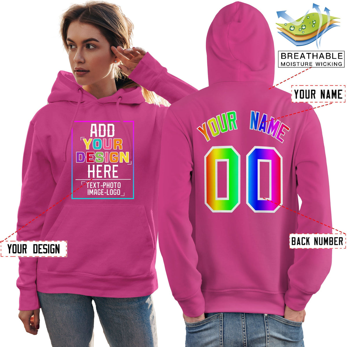 Custom Pink Personalized Rainbow Color Font Team Pullover Sweatshirt Hoodie| KXKSHOP