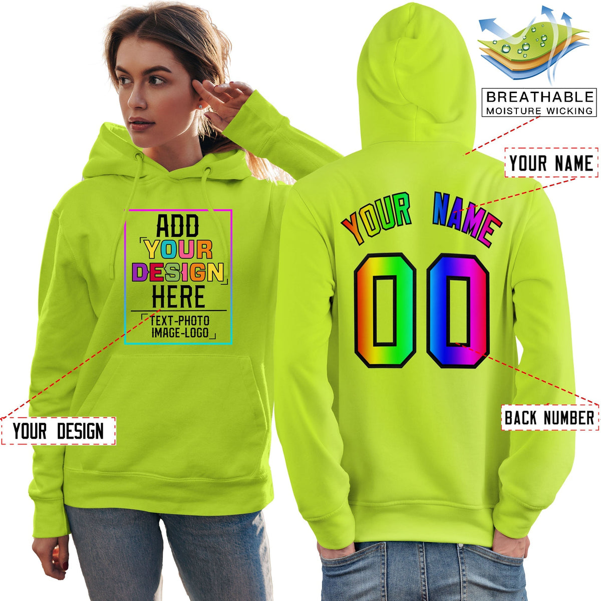 Custom Neon Green Personalized Rainbow Color Font Team Pullover Sweatshirt Hoodie| KXKSHOP