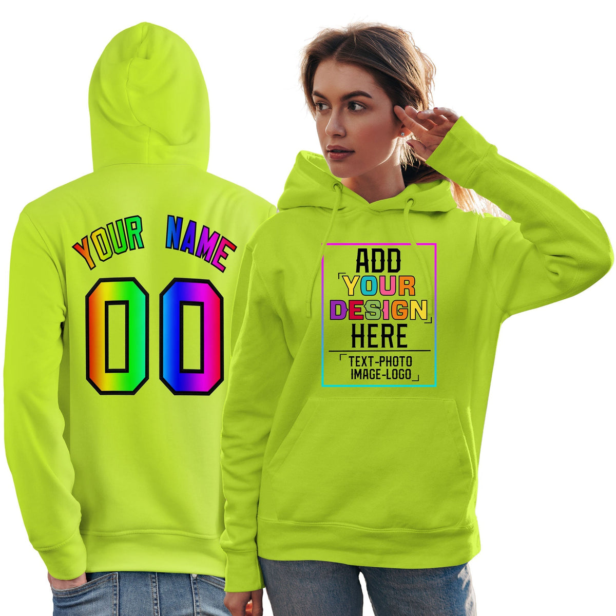 Custom Neon Green Personalized Rainbow Color Font Team Pullover Sweatshirt Hoodie| KXKSHOP