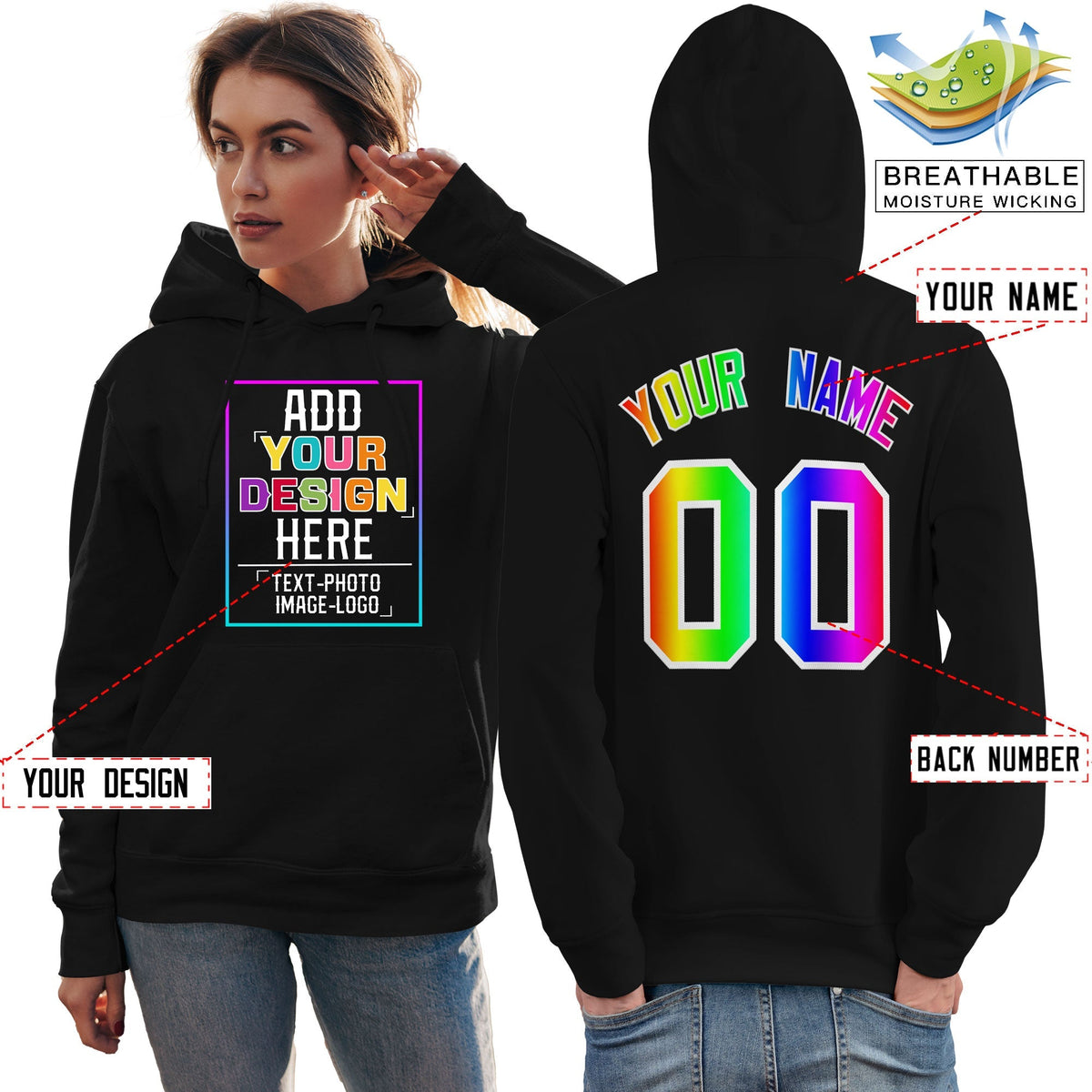 Custom Black Personalized Rainbow Color Font Team Pullover Sweatshirt Hoodie| KXKSHOP