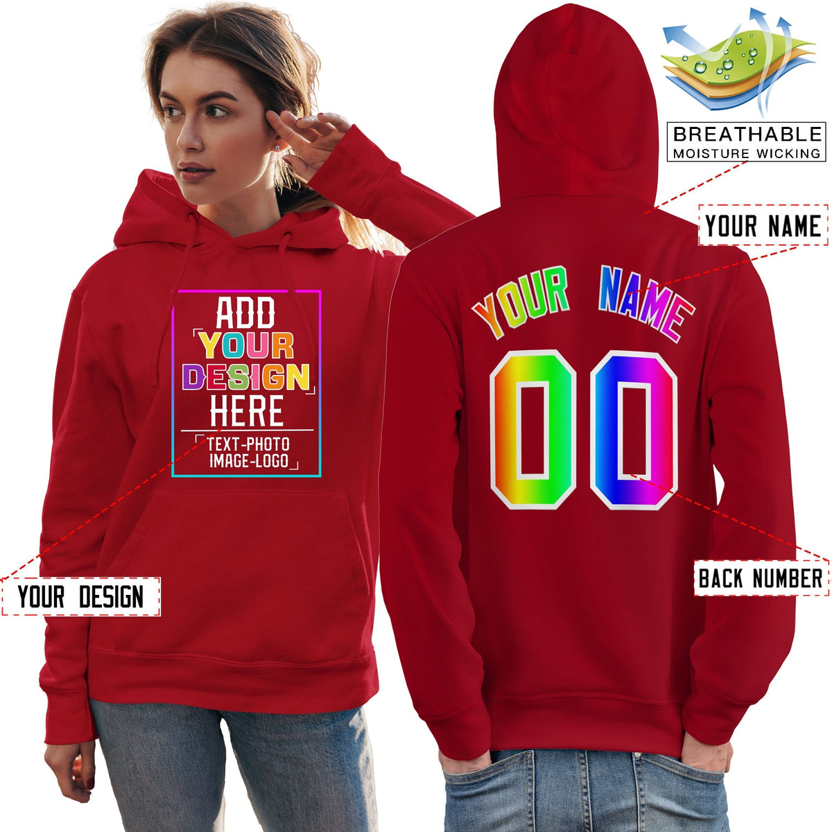 Custom Red Personalized Rainbow Color Font Team Pullover Sweatshirt Hoodie| KXKSHOP