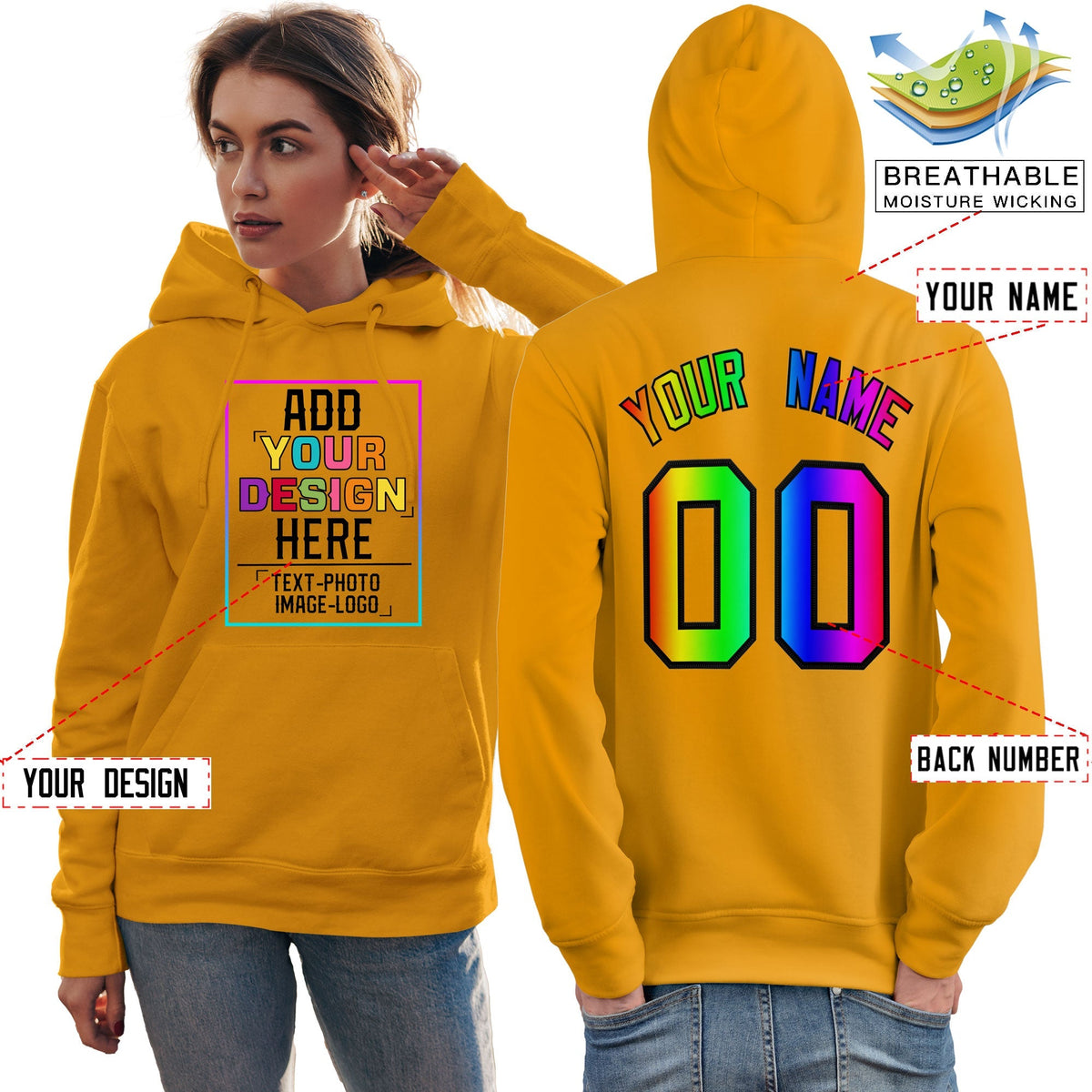 Custom Gold Personalized Rainbow Color Font Team Pullover Sweatshirt Hoodie| KXKSHOP