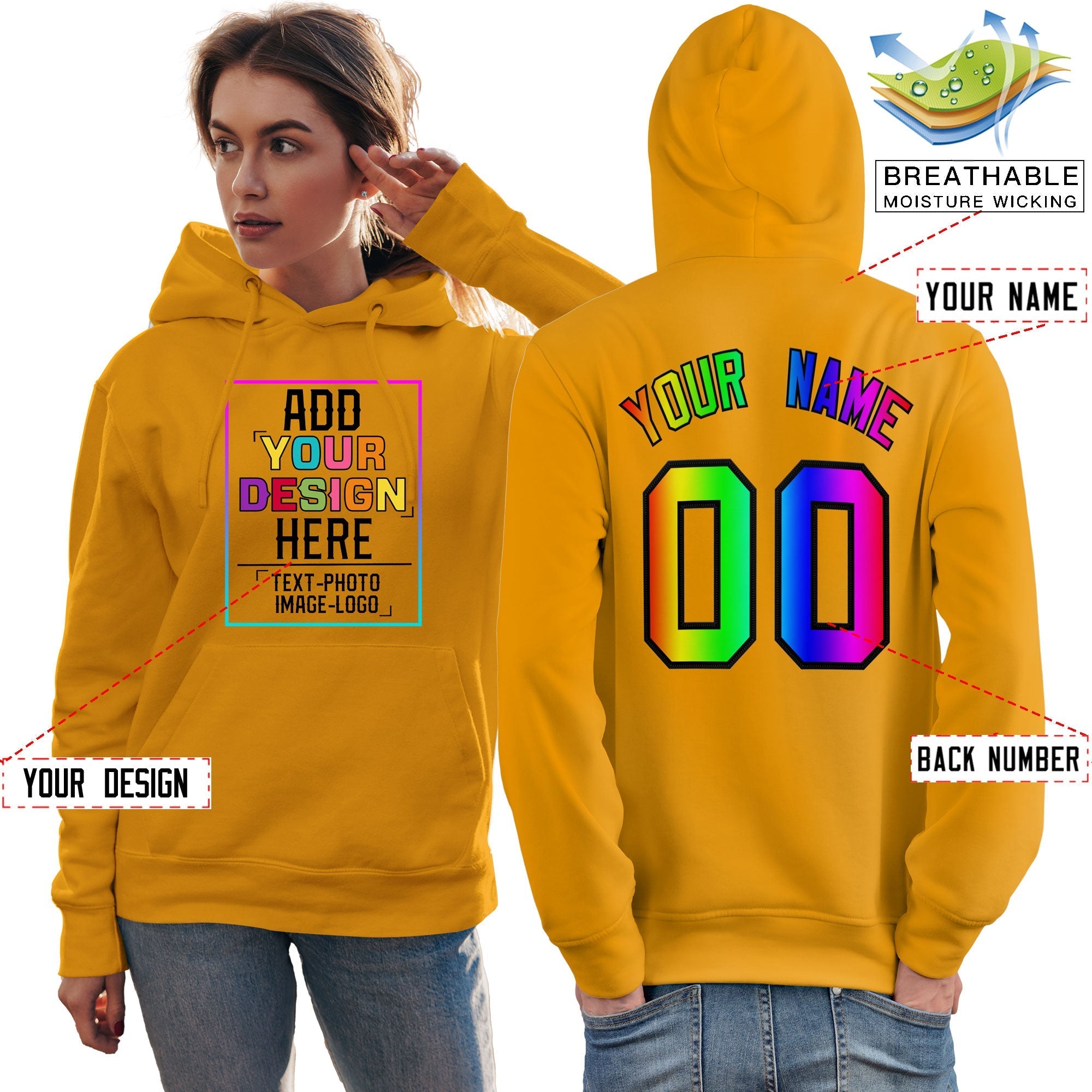 Custom Gold Personalized Rainbow Color Font Team Pullover Sweatshirt Hoodie| KXKSHOP