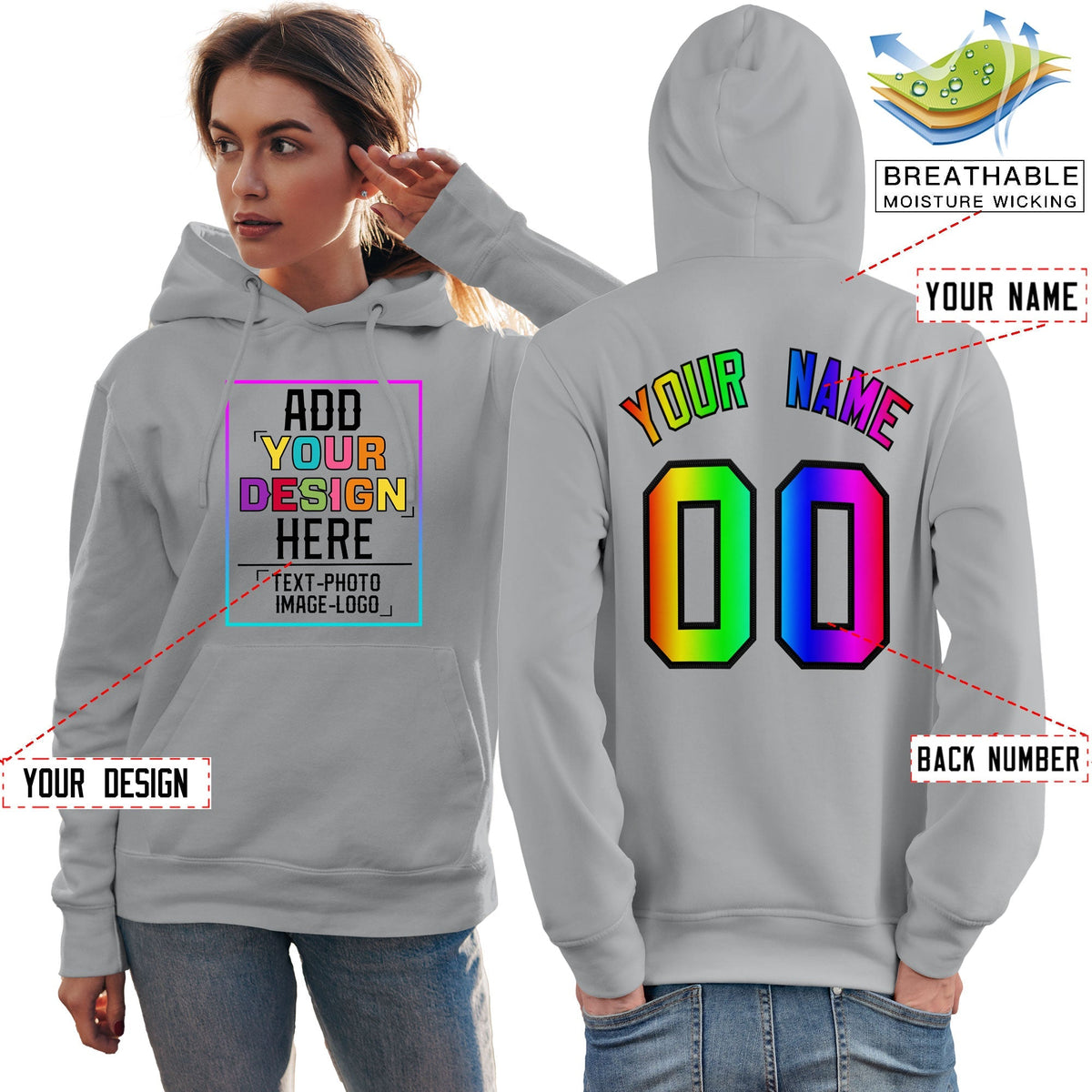 Custom Gray Personalized Rainbow Color Font Team Pullover Sweatshirt Hoodie| KXKSHOP