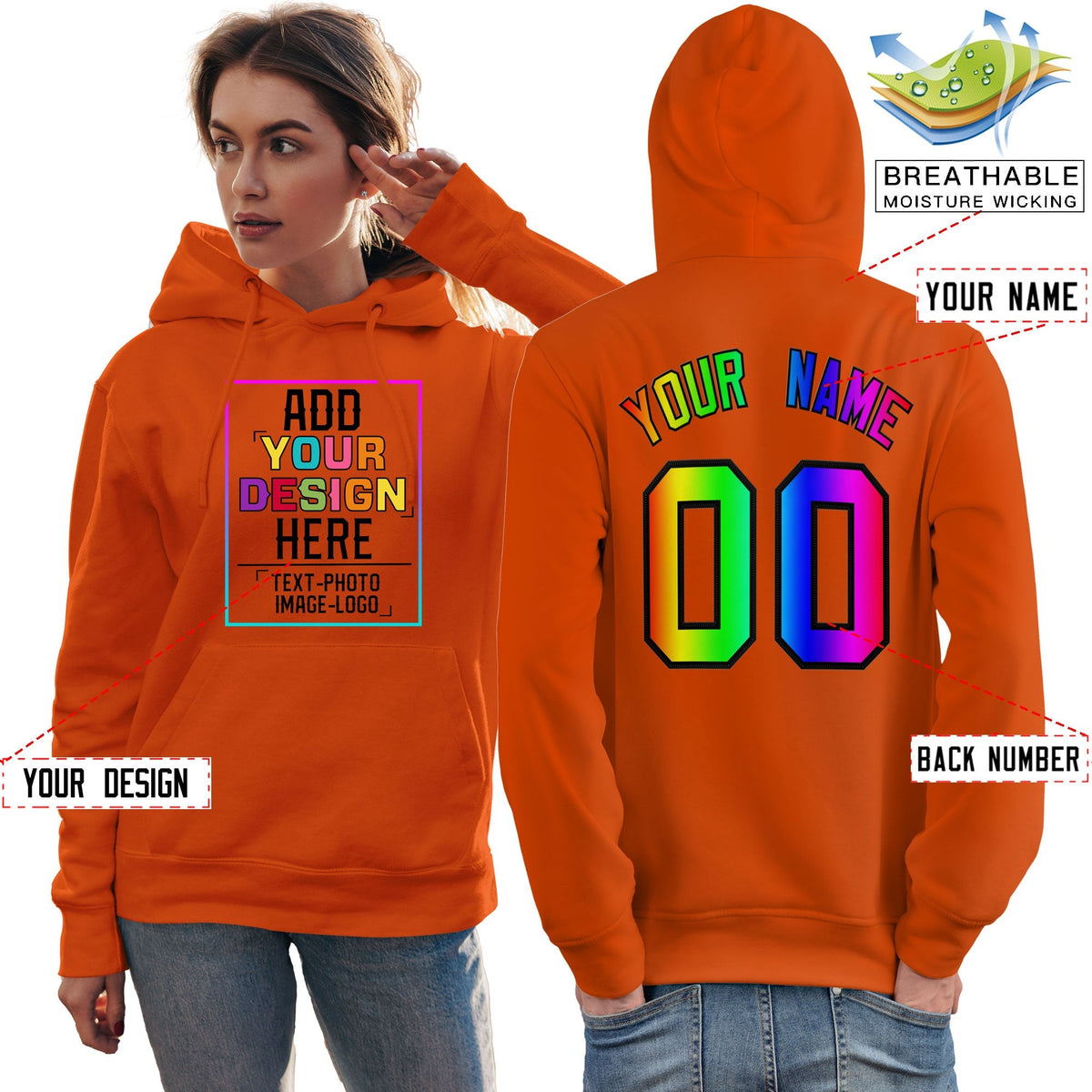 Custom Orange Personalized Rainbow Color Font Team Pullover Sweatshirt Hoodie| KXKSHOP