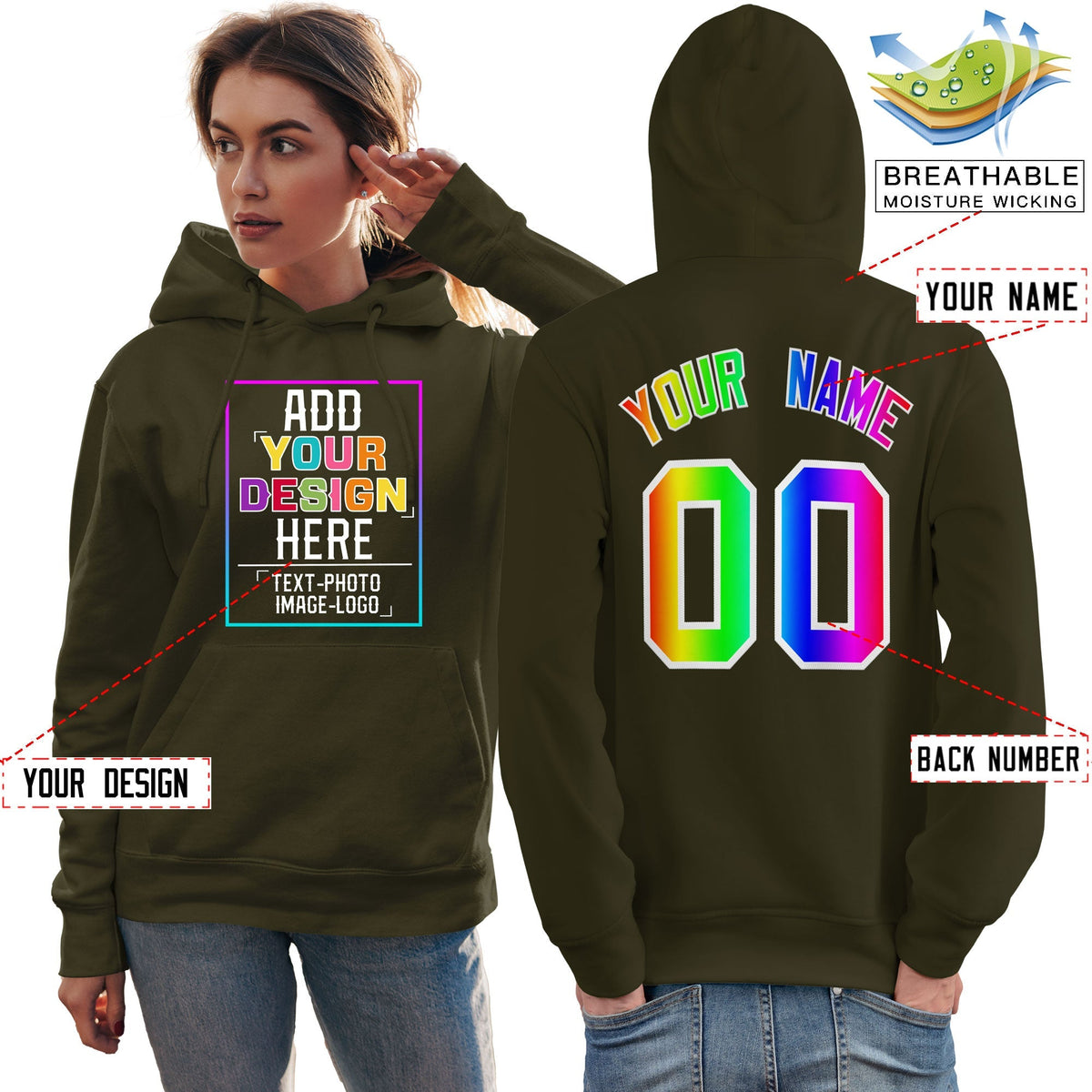 Custom Olive Personalized Rainbow Color Font Team Pullover Sweatshirt Hoodie| KXKSHOP