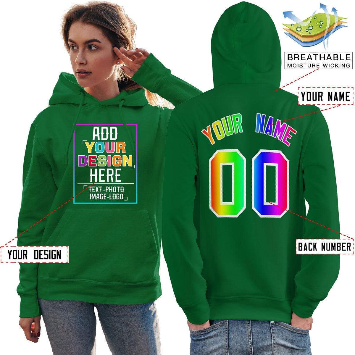 Custom Kelly Green Personalized Rainbow Color Font Team Pullover Sweatshirt Hoodie| KXKSHOP