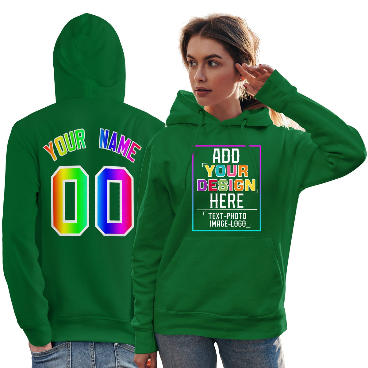 Custom Kelly Green Personalized Rainbow Color Font Team Pullover Sweatshirt Hoodie| KXKSHOP