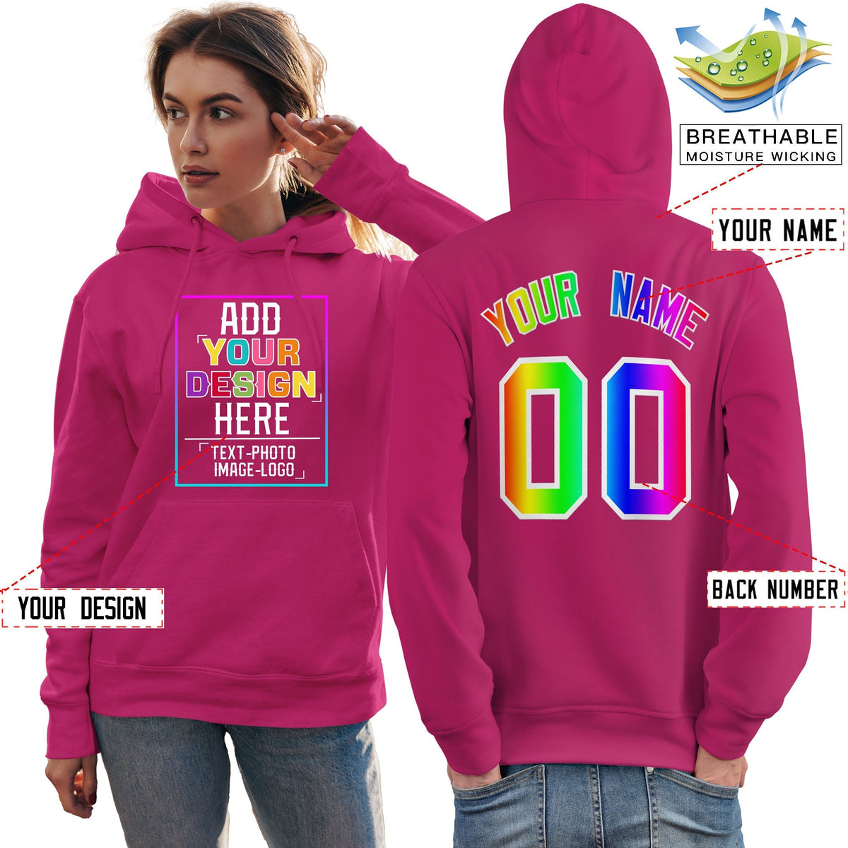 Custom Pink Personalized Rainbow Color Font Team Pullover Sweatshirt Hoodie| KXKSHOP