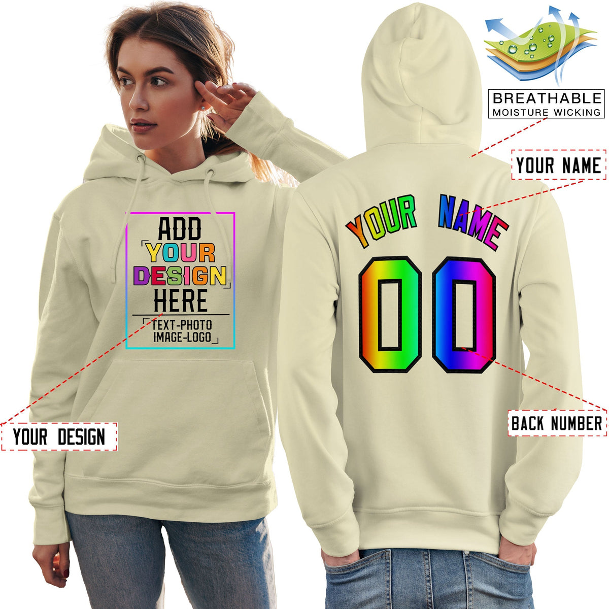 Custom Cream Personalized Rainbow Color Font Team Pullover Sweatshirt Hoodie| KXKSHOP