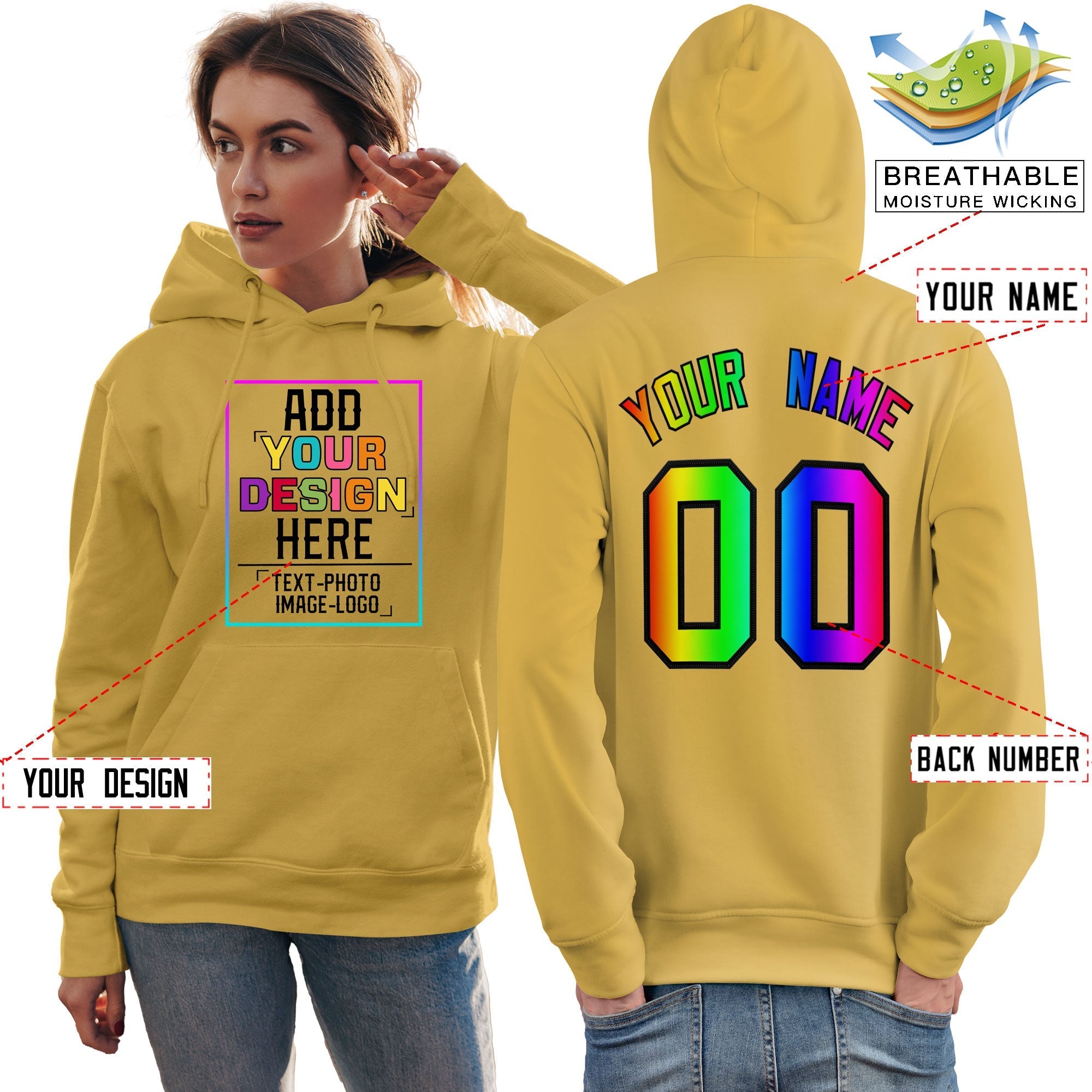 Custom Yellow Personalized Rainbow Color Font Team Pullover Sweatshirt Hoodie| KXKSHOP