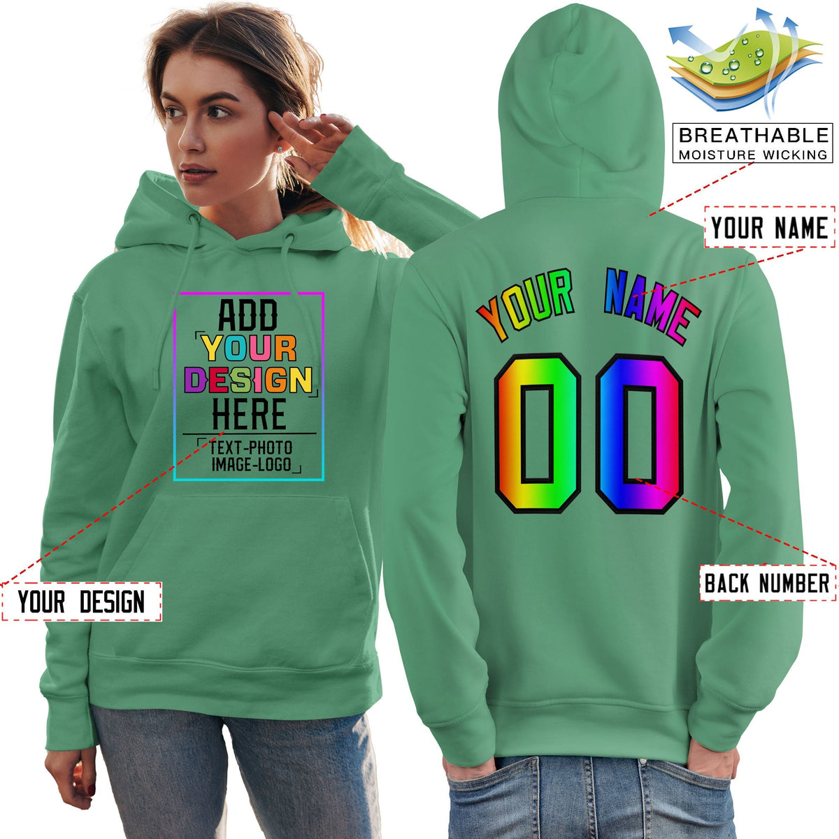 Custom Green Personalized Rainbow Color Font Team Pullover Sweatshirt Hoodie| KXKSHOP