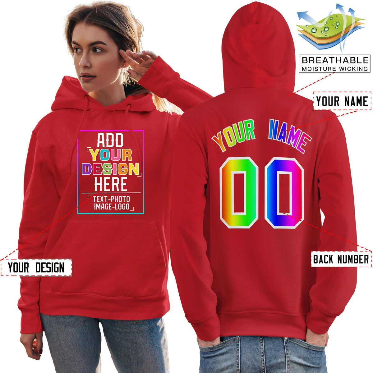 Custom Light Red Personalized Rainbow Color Font Team Pullover Sweatshirt Hoodie| KXKSHOP