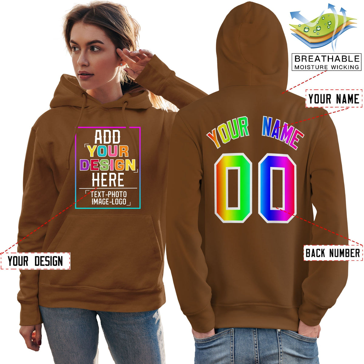 Custom Brown Personalized Rainbow Color Font Team Pullover Sweatshirt Hoodie| KXKSHOP