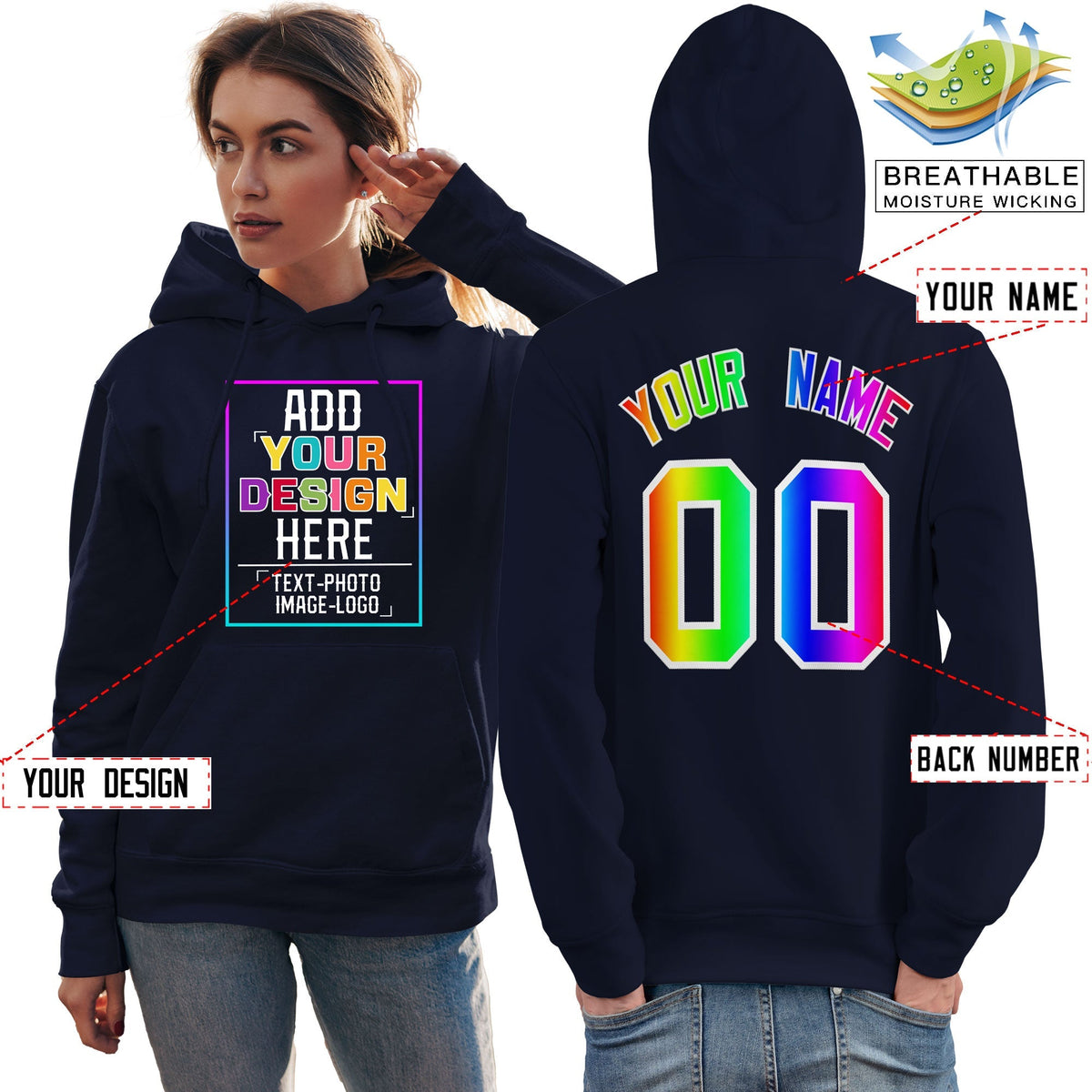 Custom Navy Personalized Rainbow Color Font Team Pullover Sweatshirt Hoodie| KXKSHOP