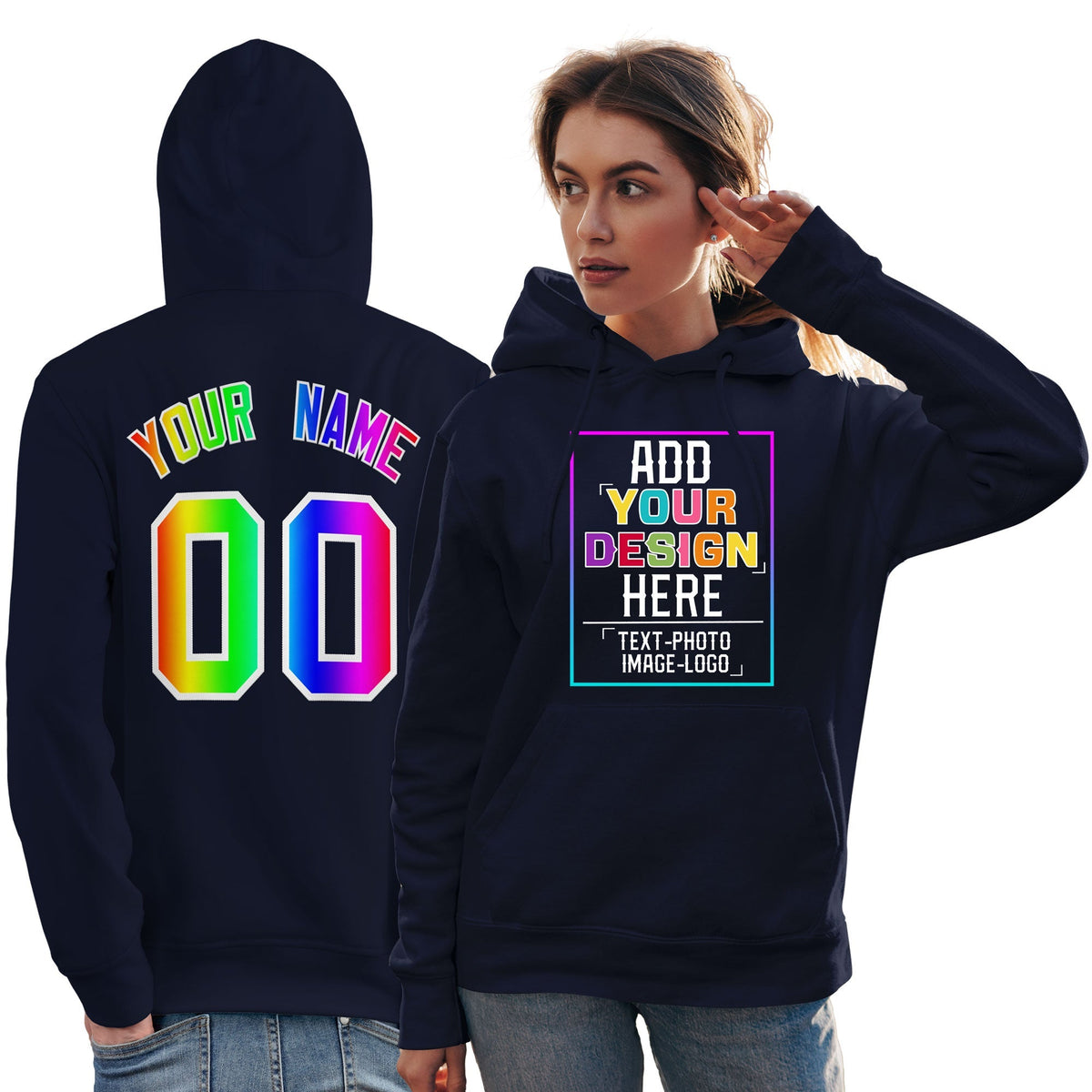 Custom Navy Personalized Rainbow Color Font Team Pullover Sweatshirt Hoodie| KXKSHOP