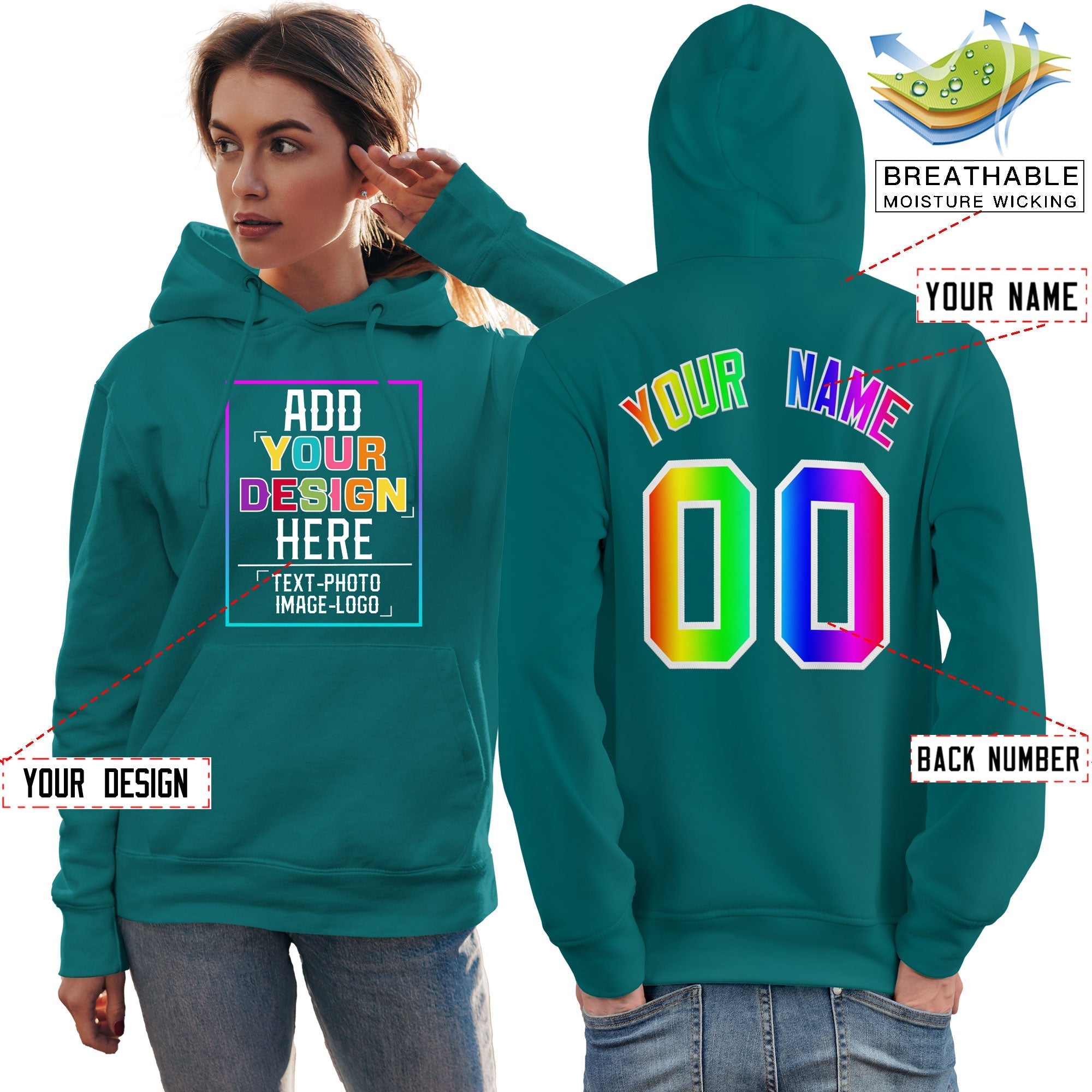 Custom Aqua Personalized Rainbow Color Font Team Pullover Sweatshirt Hoodie| KXKSHOP