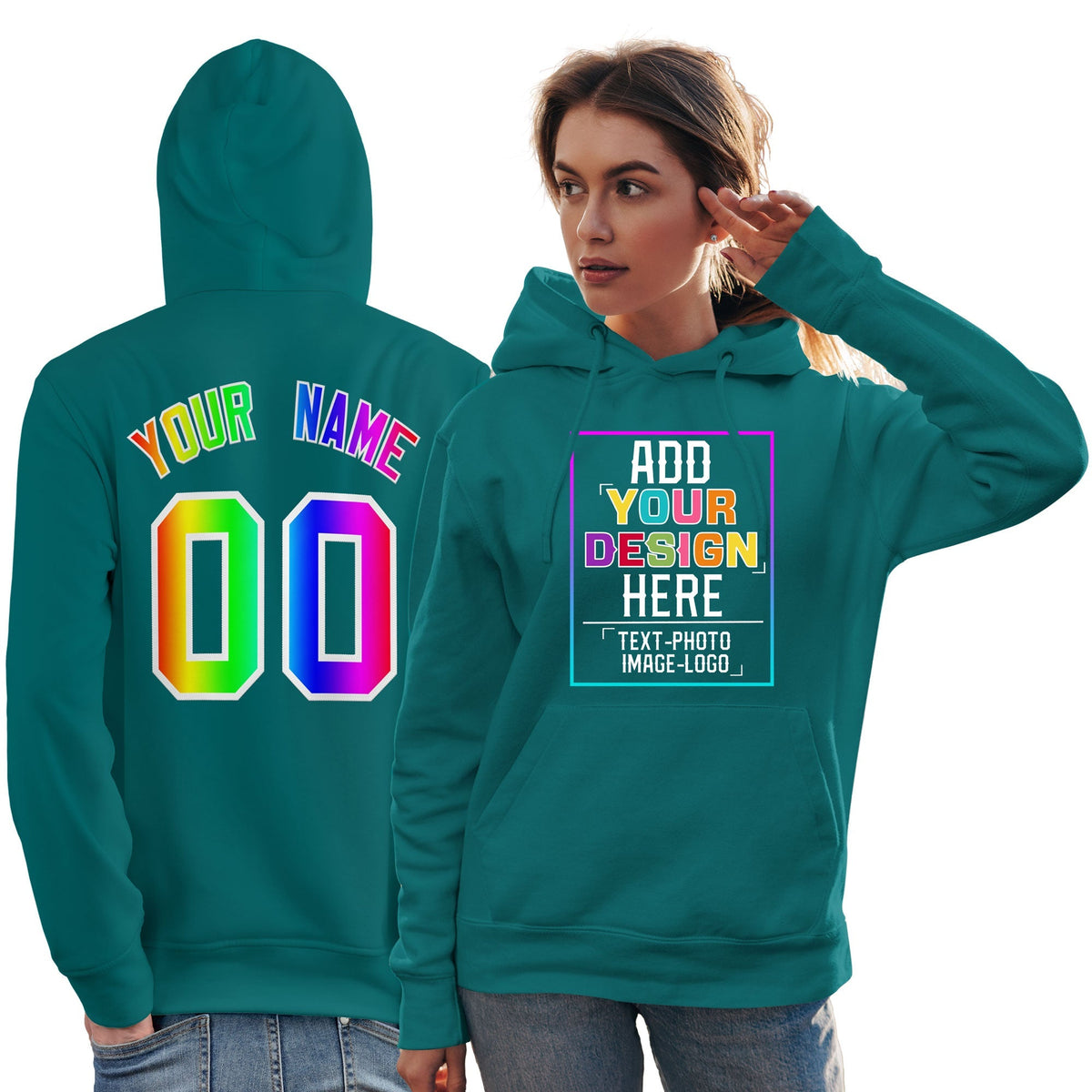 Custom Aqua Personalized Rainbow Color Font Team Pullover Sweatshirt Hoodie| KXKSHOP