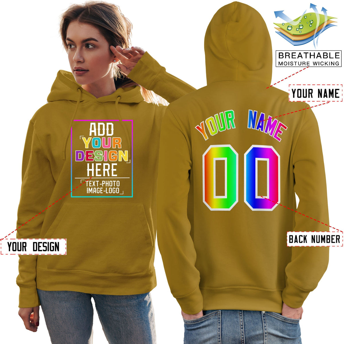 Custom Old Gold Personalized Rainbow Color Font Team Pullover Sweatshirt Hoodie| KXKSHOP