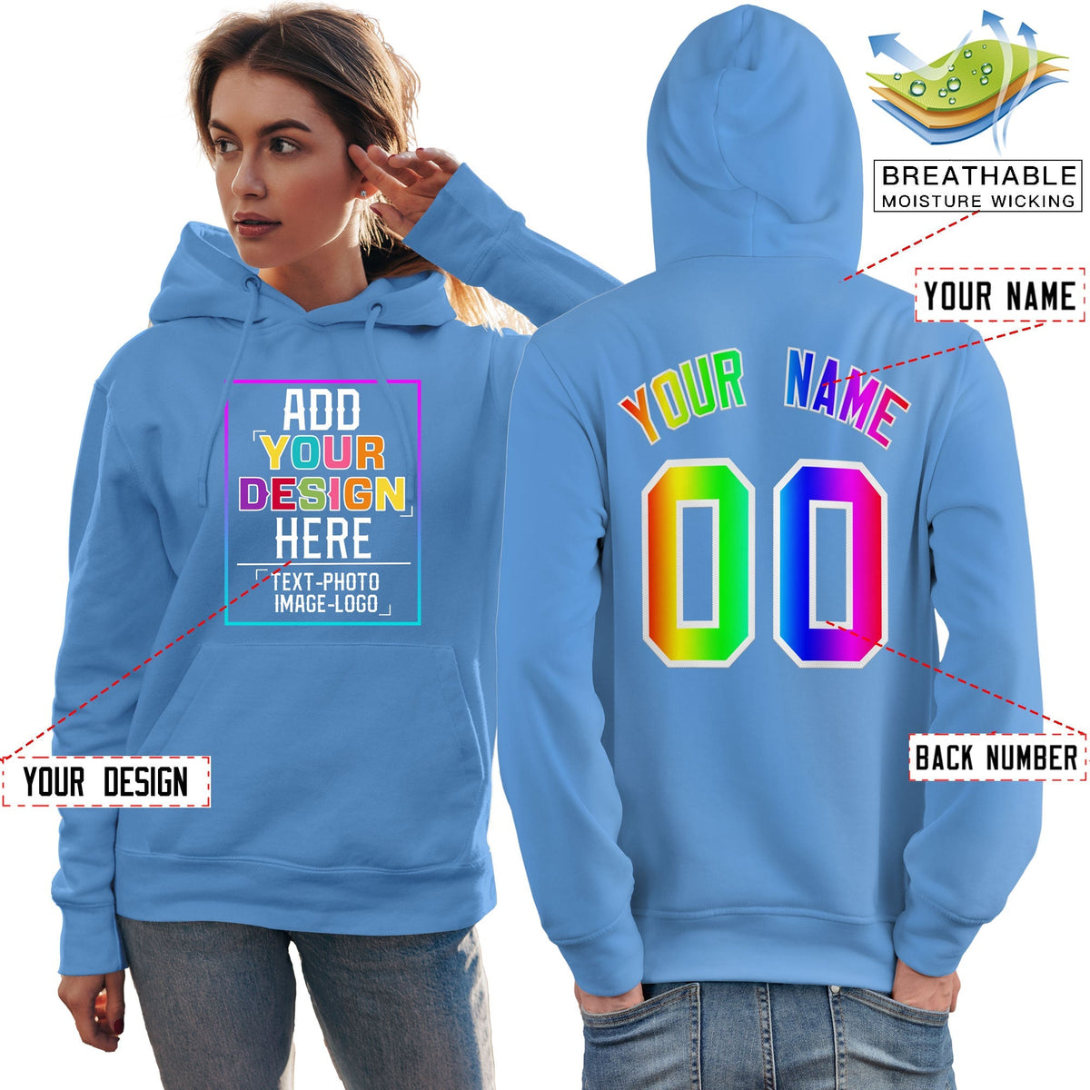 Custom Powder Blue Personalized Rainbow Color Font Team Pullover Sweatshirt Hoodie| KXKSHOP