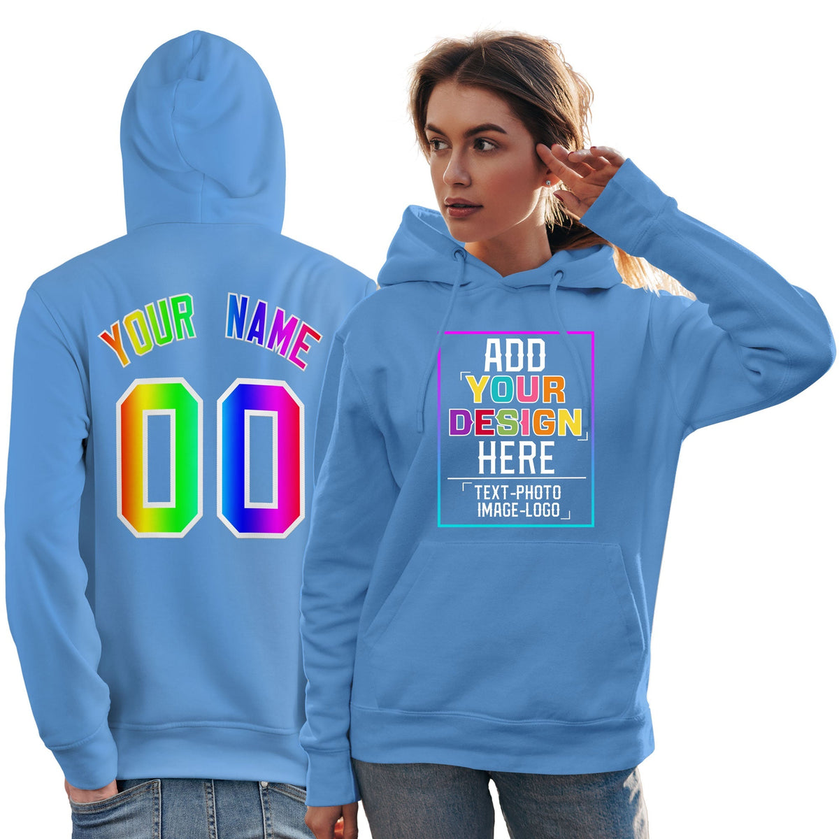 Custom Powder Blue Personalized Rainbow Color Font Team Pullover Sweatshirt Hoodie| KXKSHOP