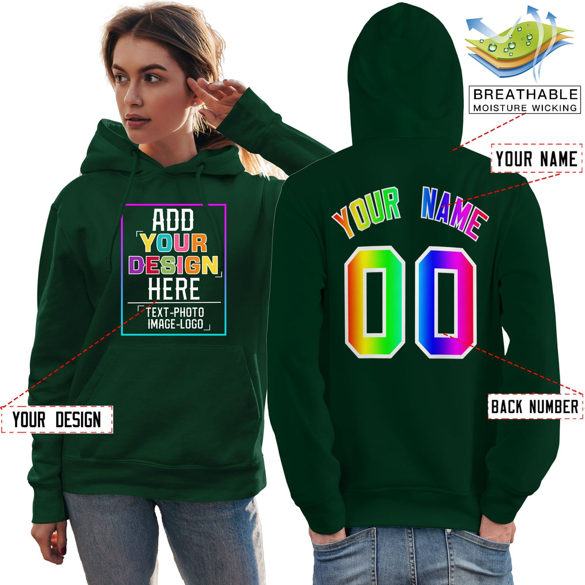 Custom Green Personalized Rainbow Color Font Team Pullover Sweatshirt Hoodie| KXKSHOP