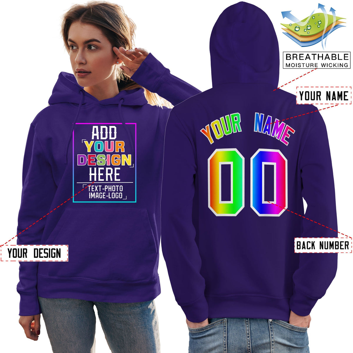 Custom Purple Personalized Rainbow Color Font Team Pullover Sweatshirt Hoodie| KXKSHOP