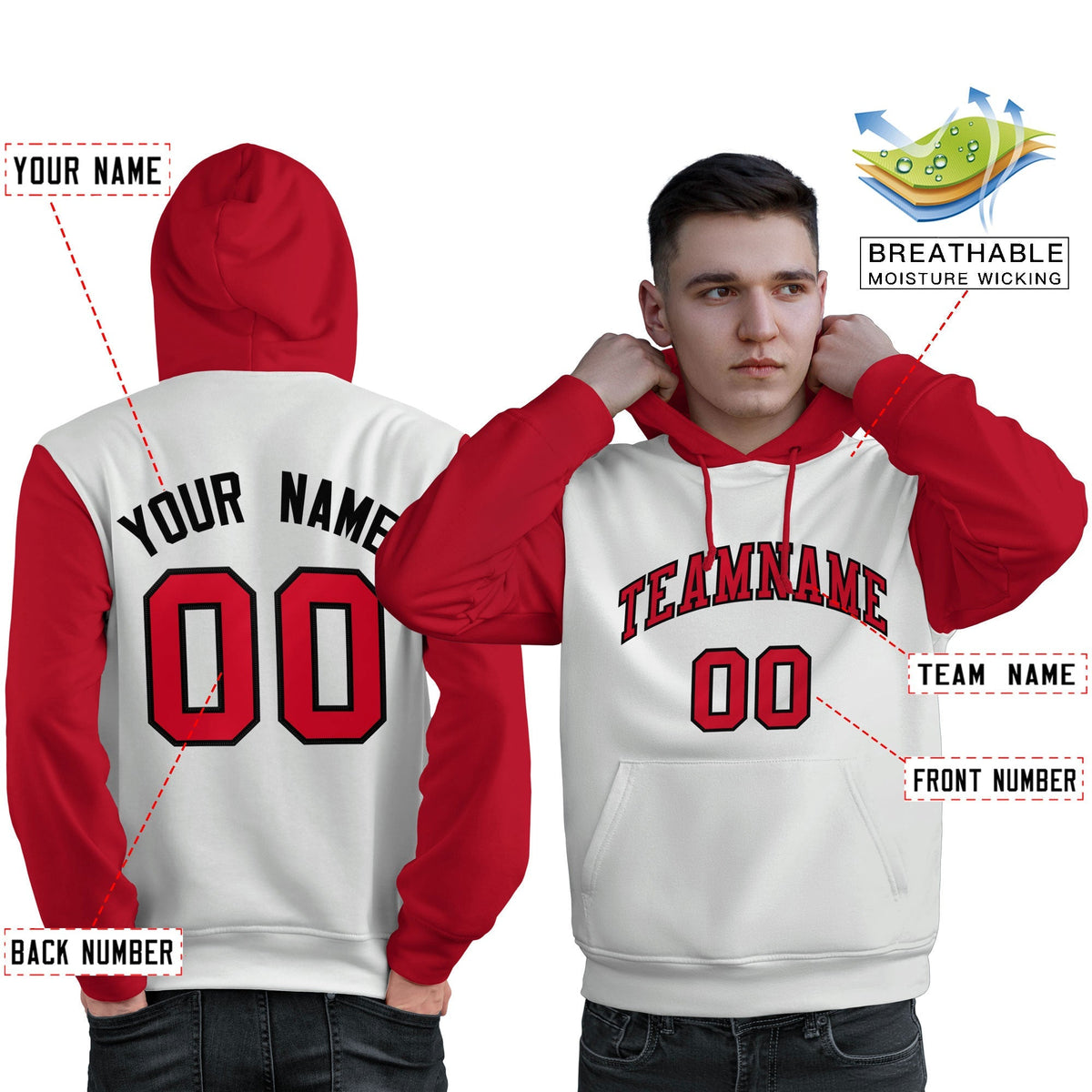 Custom White Red-Black Raglan Sleeves Pullover Personalized Sweatshirt Hoodie| KXKSHOP