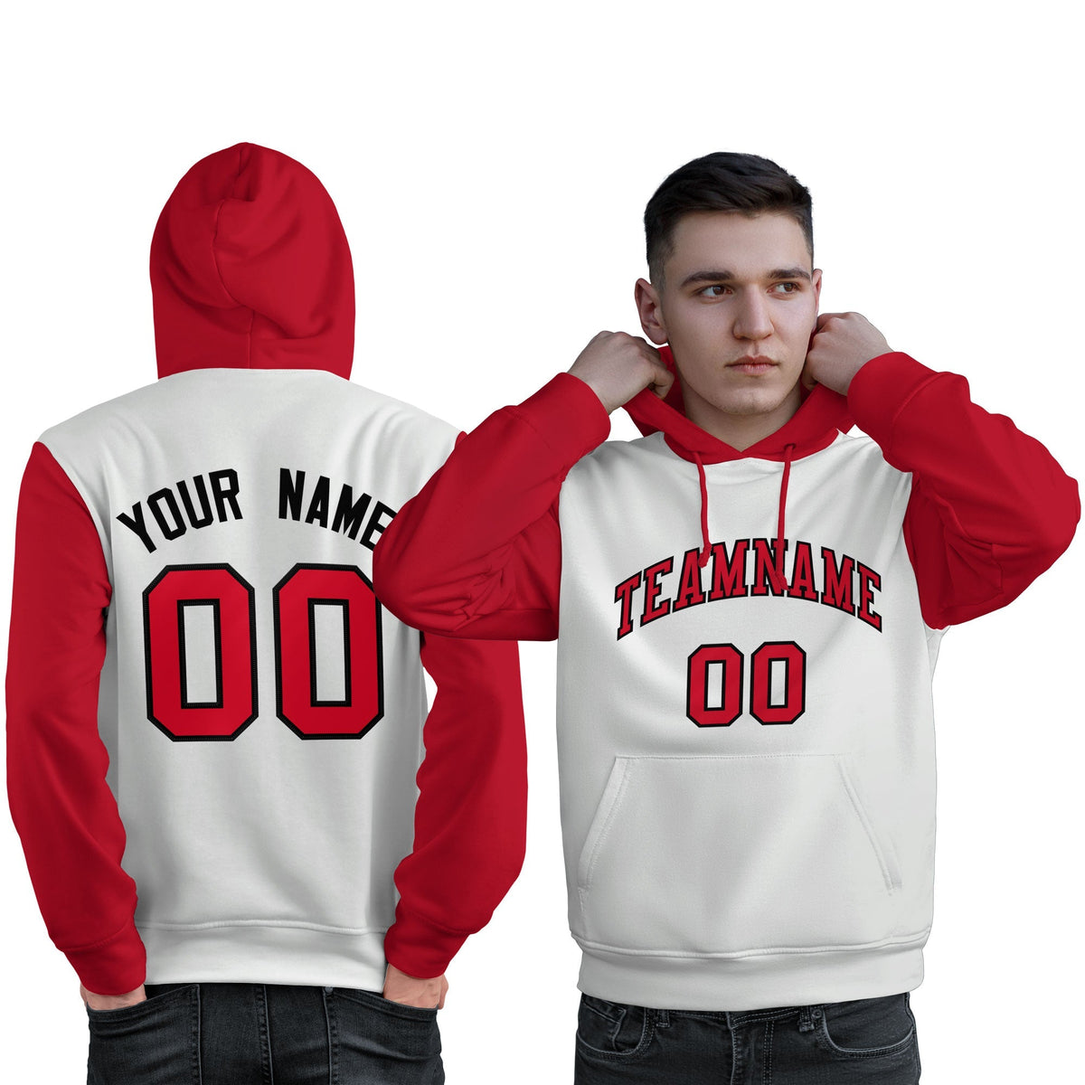 Custom White Red-Black Raglan Sleeves Pullover Personalized Sweatshirt Hoodie| KXKSHOP