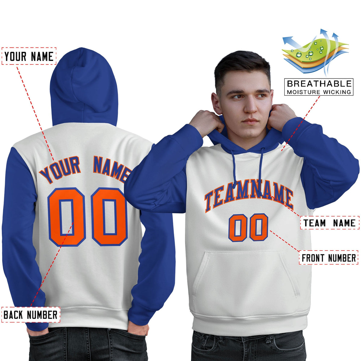 Custom White Royal-Orange Raglan Sleeves Pullover Personalized Sweatshirt Hoodie| KXKSHOP
