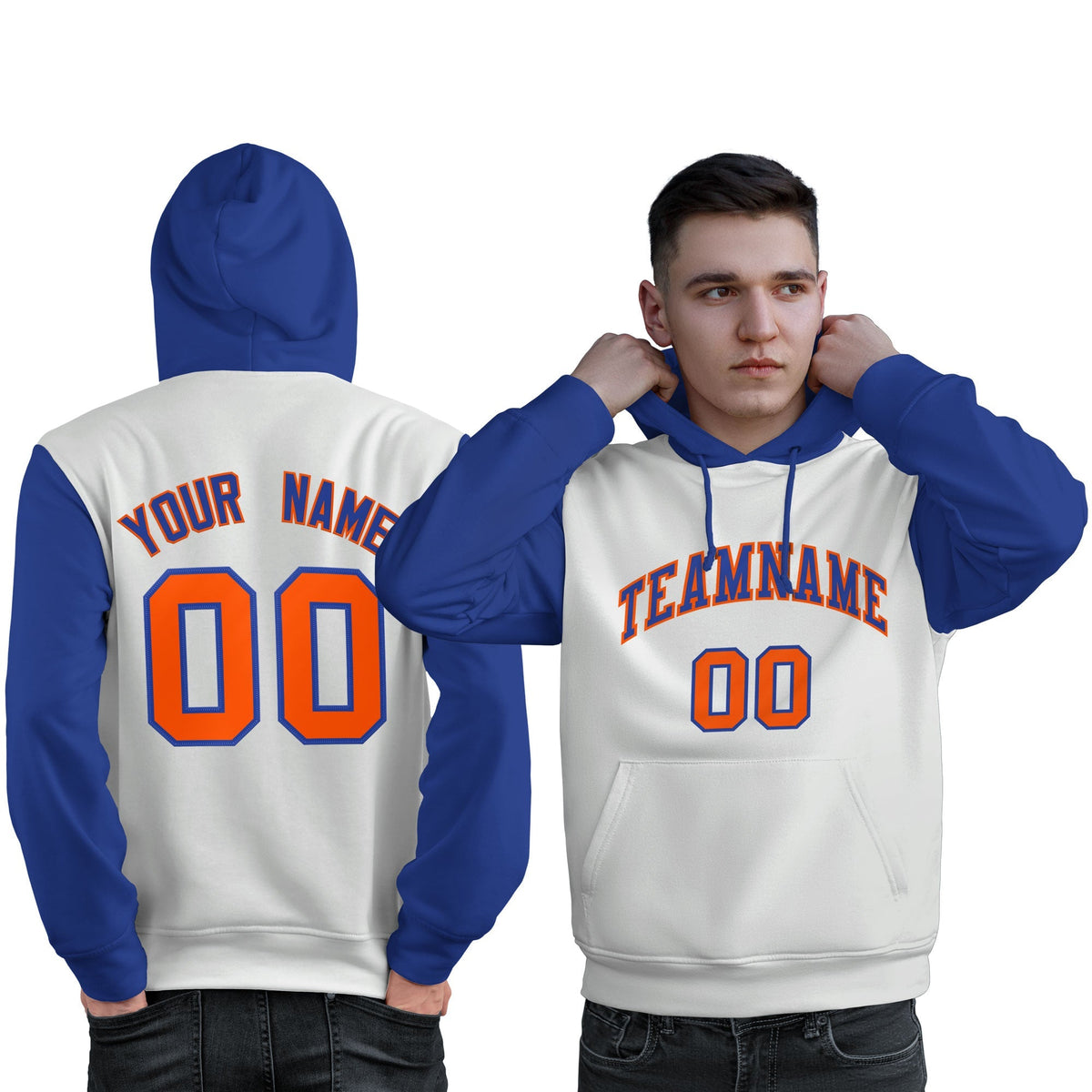 Custom White Royal-Orange Raglan Sleeves Pullover Personalized Sweatshirt Hoodie| KXKSHOP