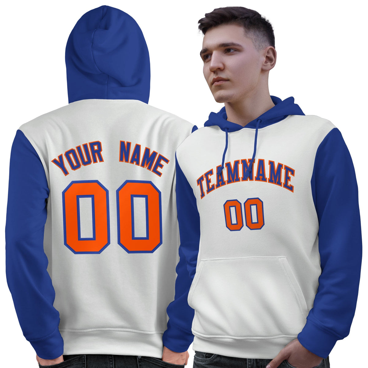 Custom White Royal-Orange Raglan Sleeves Pullover Personalized Sweatshirt Hoodie| KXKSHOP