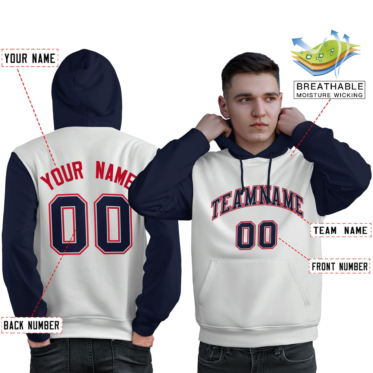 Custom White Navy-Red Raglan Sleeves Pullover Personalized Sweatshirt Hoodie| KXKSHOP