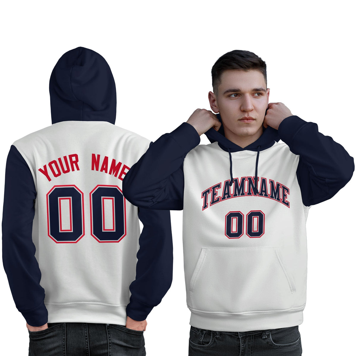 Custom White Navy-Red Raglan Sleeves Pullover Personalized Sweatshirt Hoodie| KXKSHOP