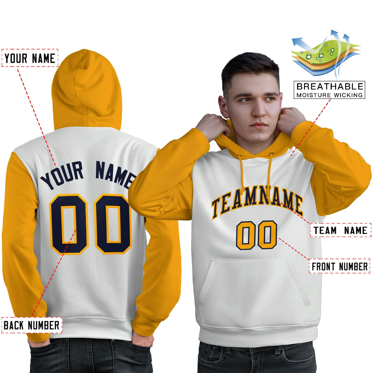 Custom White Navy-Gold Raglan Sleeves Pullover Personalized Sweatshirt Hoodie| KXKSHOP
