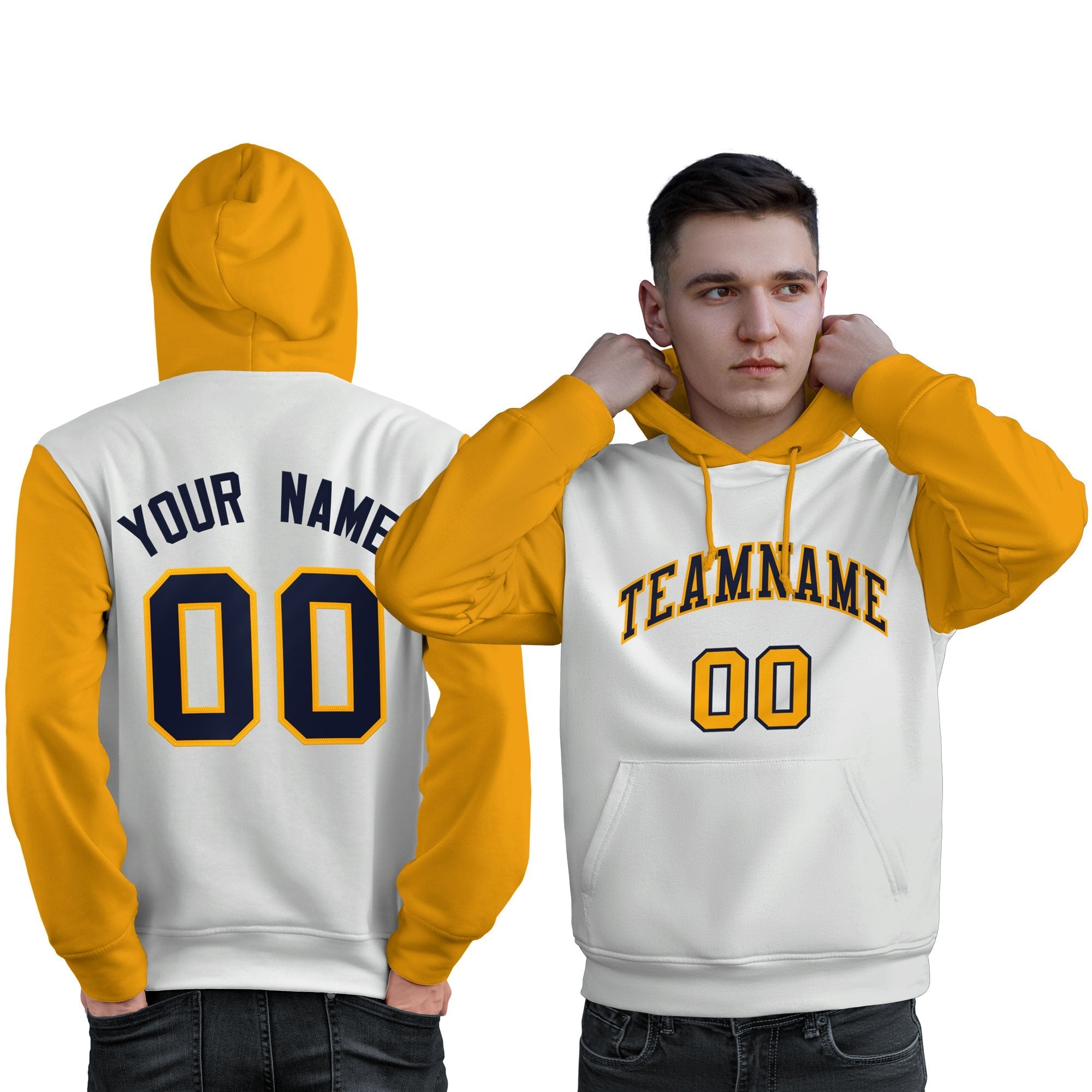 Custom White Navy-Gold Raglan Sleeves Pullover Personalized Sweatshirt Hoodie| KXKSHOP