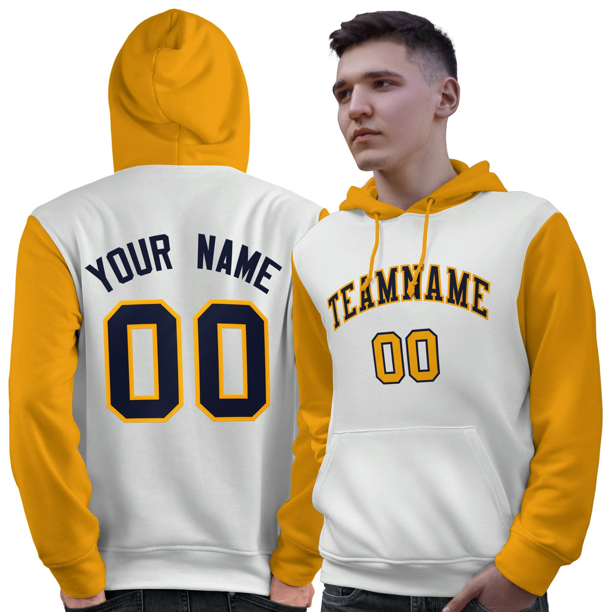 Custom White Navy-Gold Raglan Sleeves Pullover Personalized Sweatshirt Hoodie| KXKSHOP