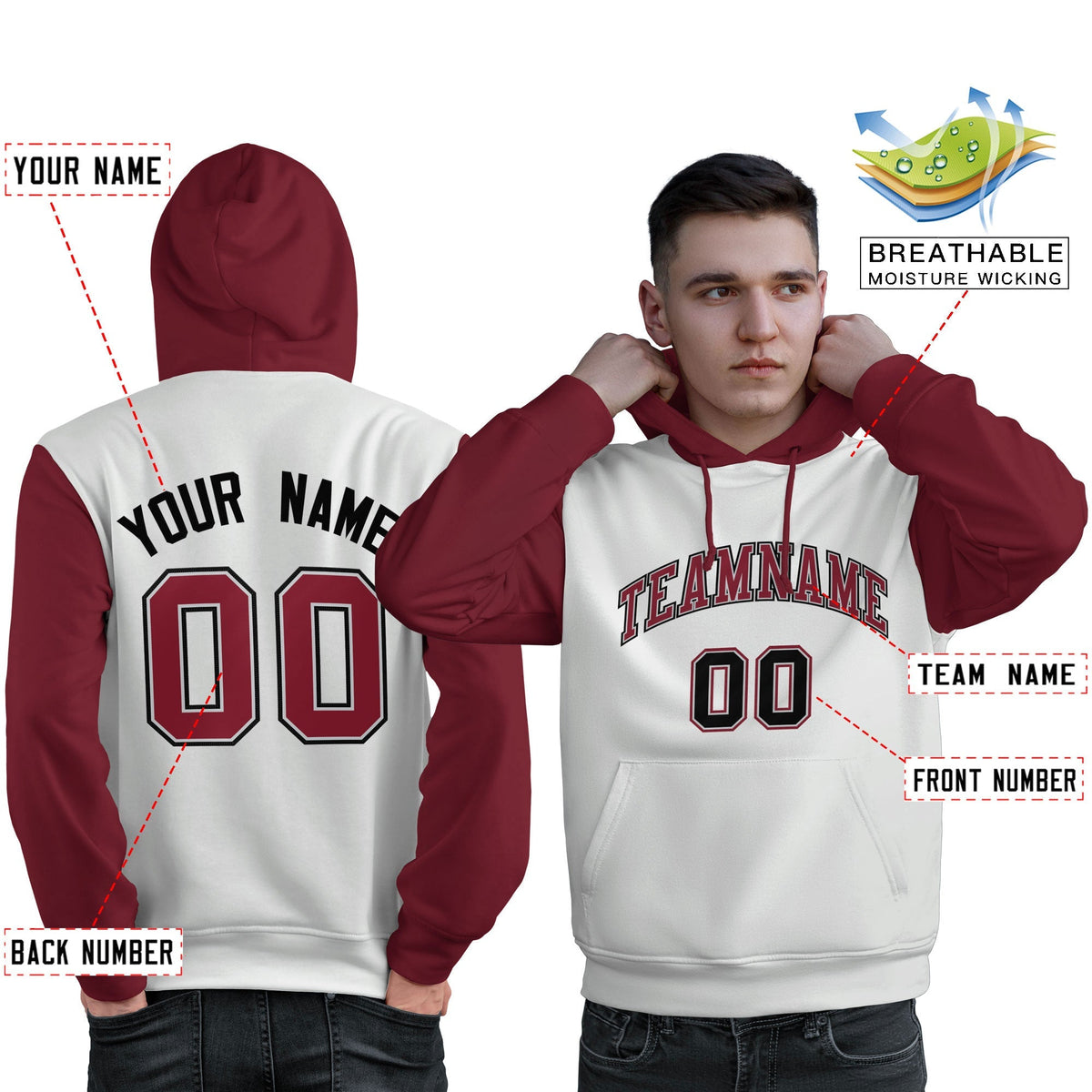 Custom White Crimson-Black Raglan Sleeves Pullover Personalized Sweatshirt Hoodie| KXKSHOP