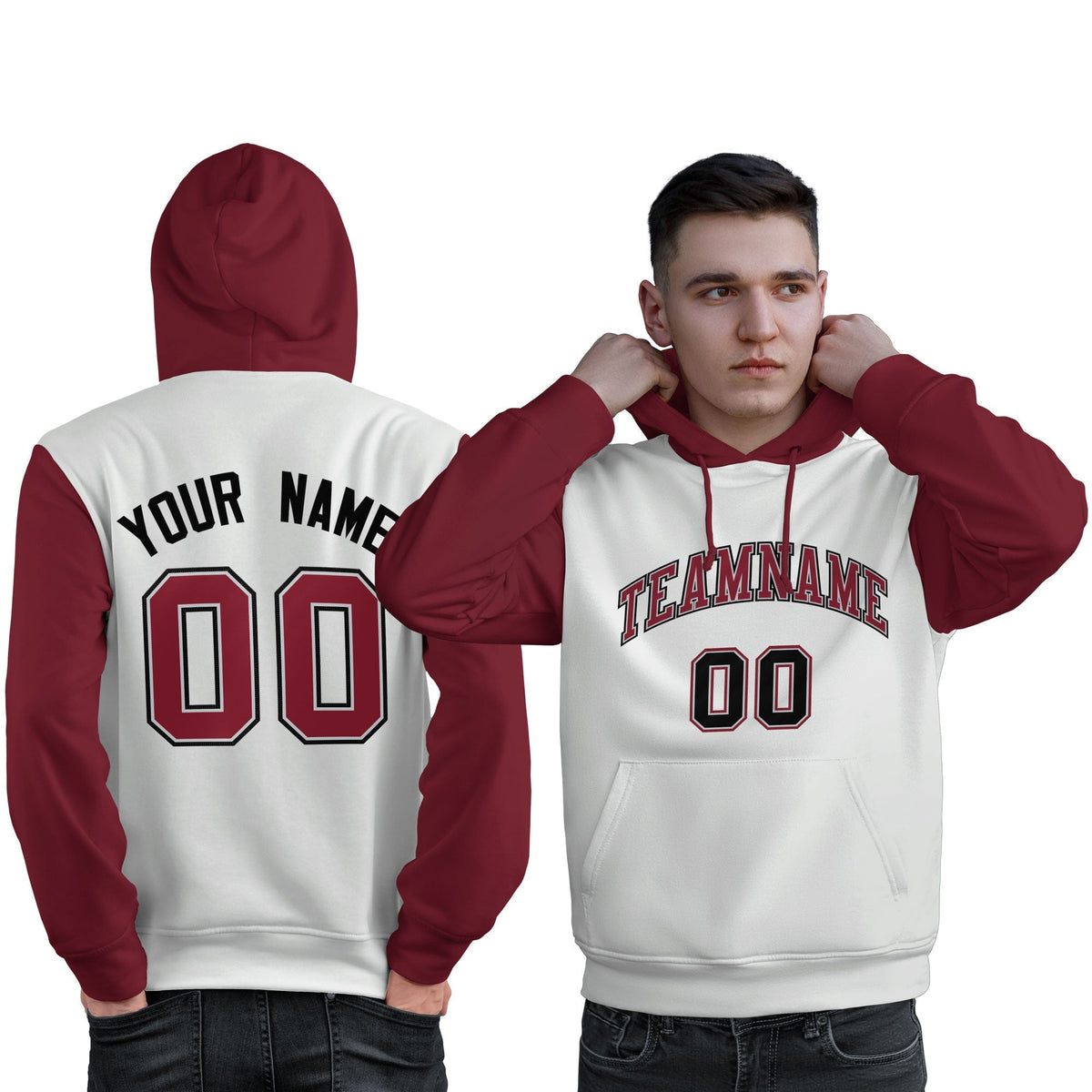 Custom White Crimson-Black Raglan Sleeves Pullover Personalized Sweatshirt Hoodie| KXKSHOP