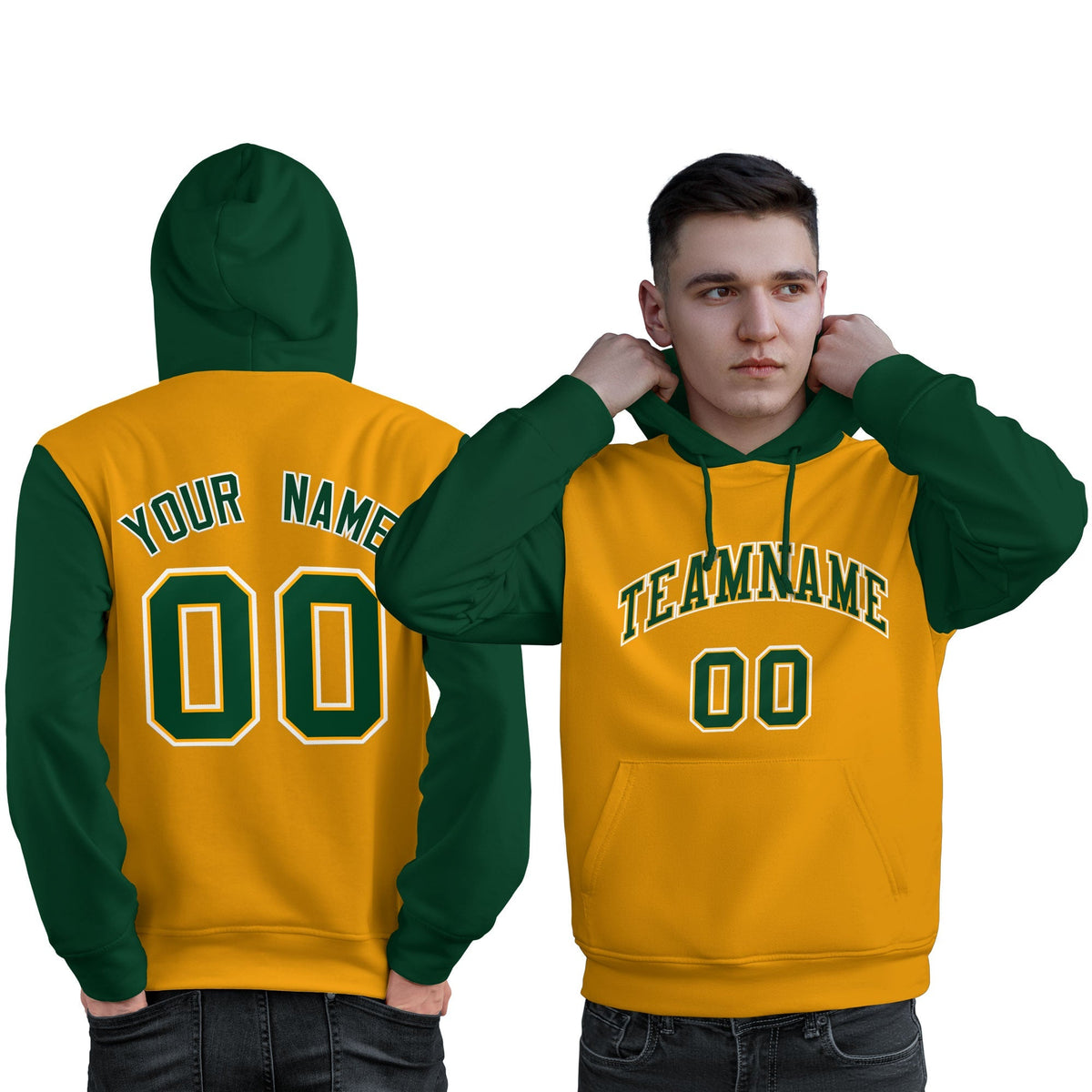 Custom Gold Green-White Raglan Sleeves Pullover Personalized Sweatshirt Hoodie| KXKSHOP