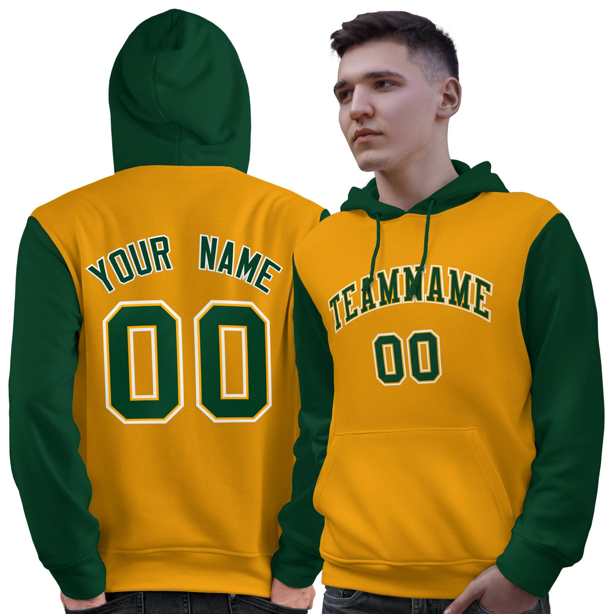 Custom Gold Green-White Raglan Sleeves Pullover Personalized Sweatshirt Hoodie| KXKSHOP