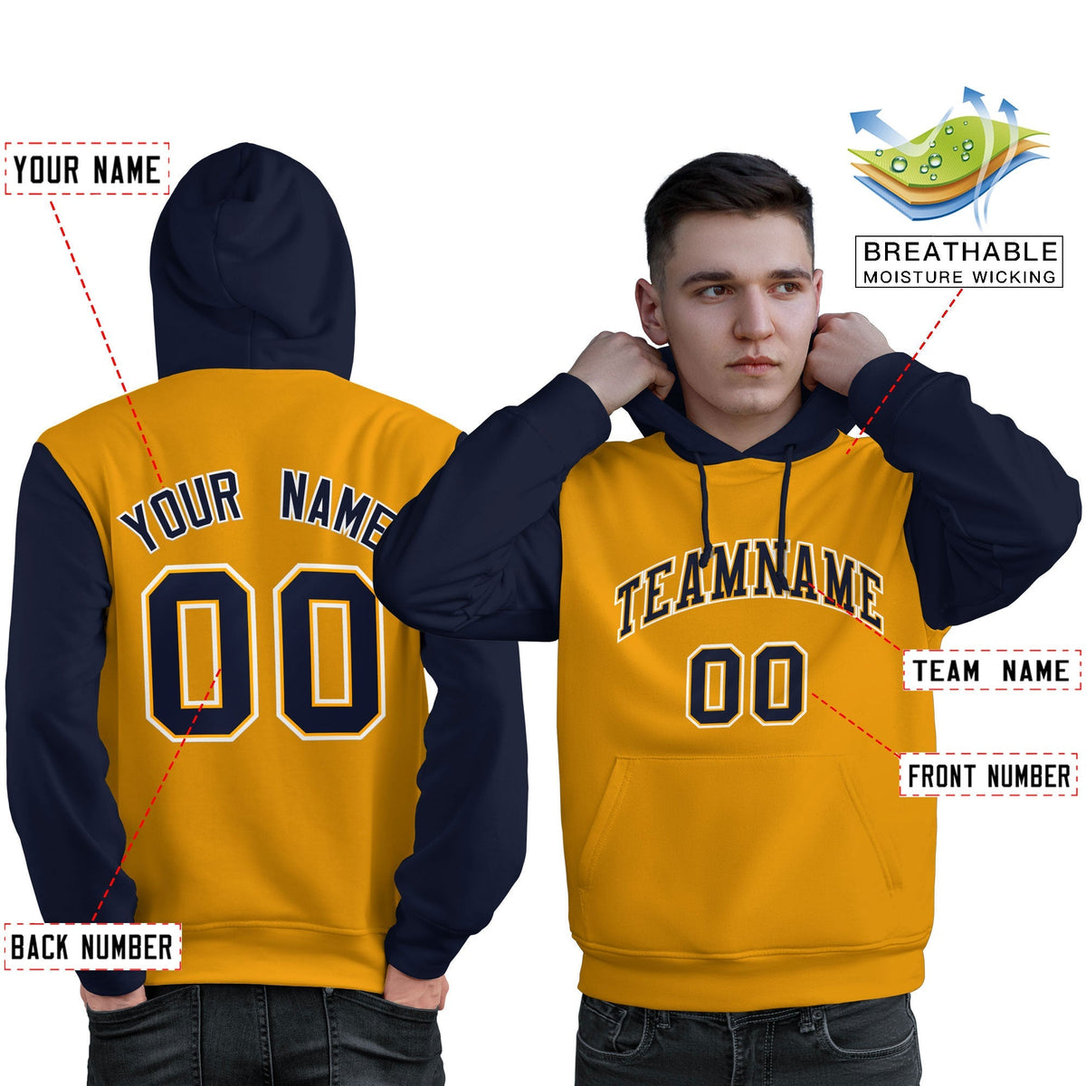 Custom Gold Navy-White Raglan Sleeves Pullover Personalized Sweatshirt Hoodie| KXKSHOP